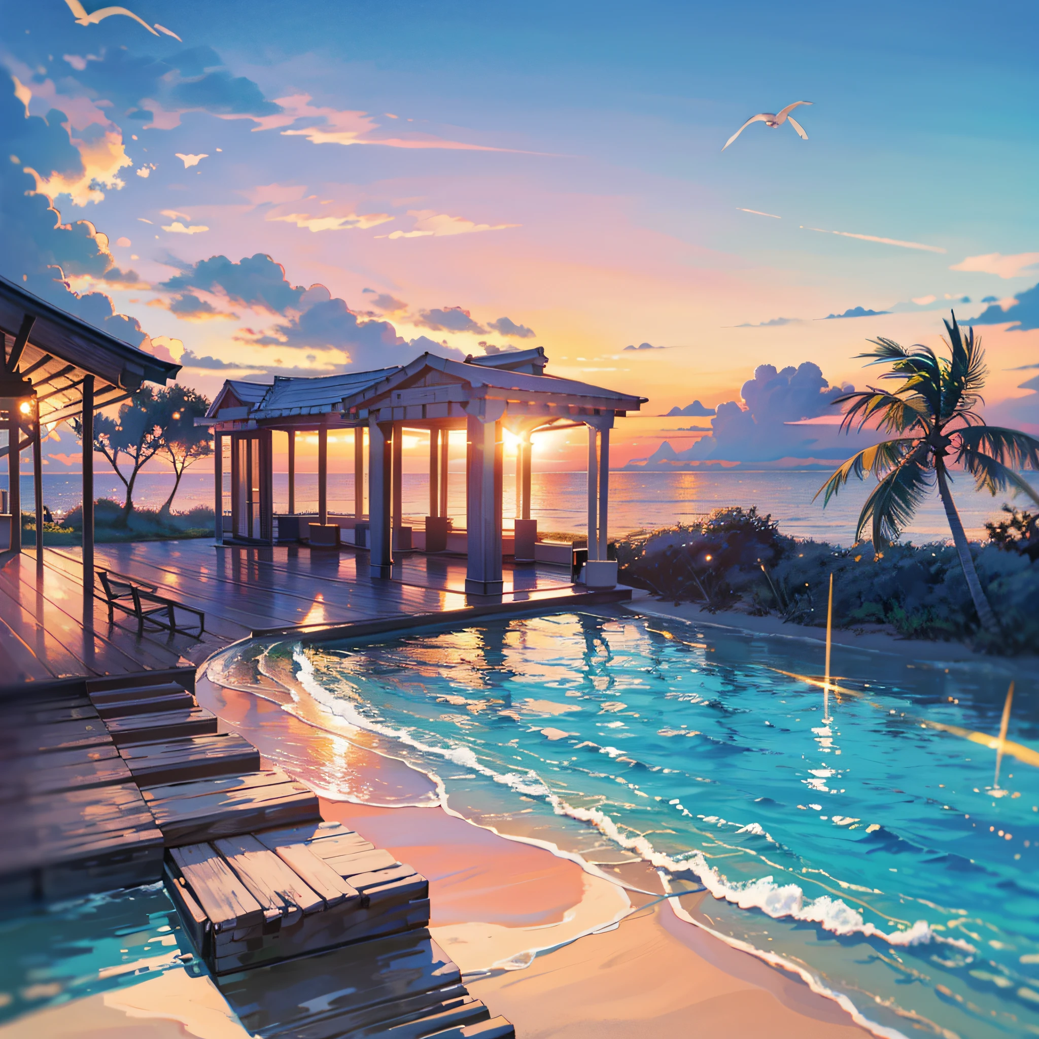 An absolutely mesmerizing sunset on the beach, with a mix of orange, pink, and yellow in the sky. The water is crystal clear, gently kisses the coast, and the white sand is endless. The scene is dynamic and breathtaking, with seagulls soaring high in the sky and palm trees swaying softly. Immerse yourself in the calm atmosphere and let the serenity surround you. --auto --s2