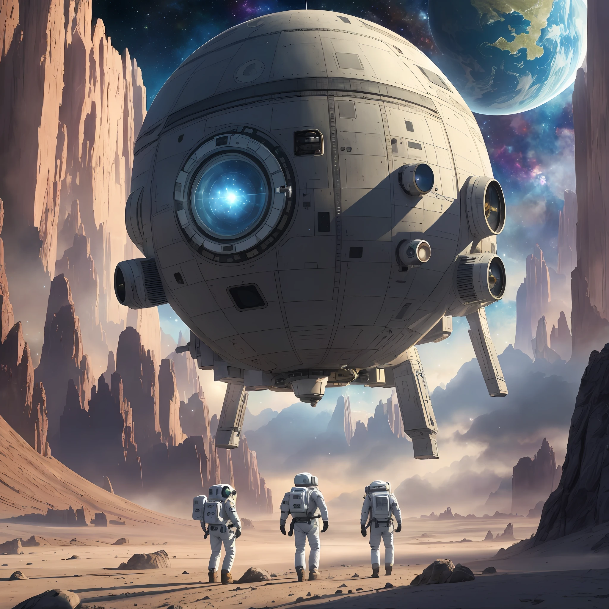 ((best quality)), ((masterpiece)), (detailed), (realistic),(official art),(extremely detailed CG unity 8k wallpaper), a group of astronauts on a spaceship exploring a distant planet, equipped with advanced technology and specialized instruments, as they navigate through the alien landscape, observing strange flora and fauna, and conducting scientific experiments to learn more about this new world, (sci-fi:1.2), (digital illustration:1.1), (space exploration:1.2), [H.G. Wells:0.9]