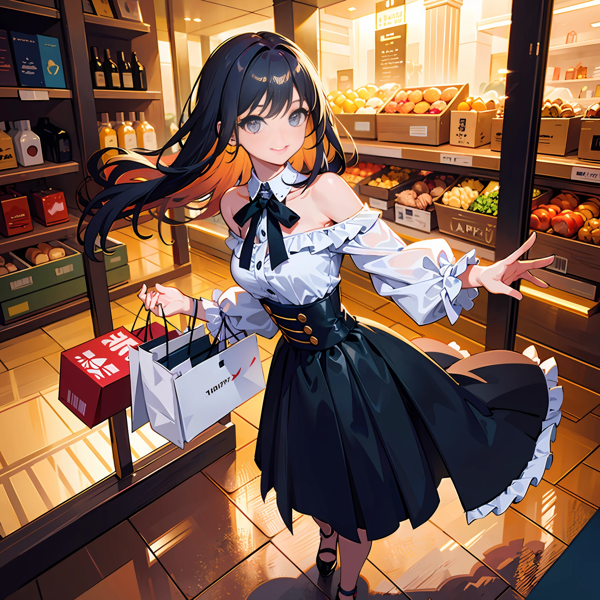 (masterpiece, top quality: 1.2), super detailed, cinematic lighting, HDR, beautiful girl during shopping, shoulder-length messy hair, happy, shopping, beautiful smile, hot pants, blouse, beautiful girl with full body, clean detailed face, complex clothes, glowing shadows, beautiful gradient, depth of field, clean image, high quality, high resolution, high resolution, cute face, thin waist, nice hips,