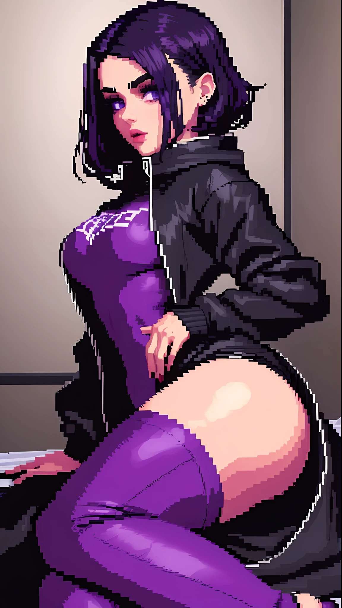(pixelart: 1.2), beautiful gothic women,  goth girl, designer sweatshirt coat with logos, pants, short black hair with purple tips, bedroom, lying in bed
