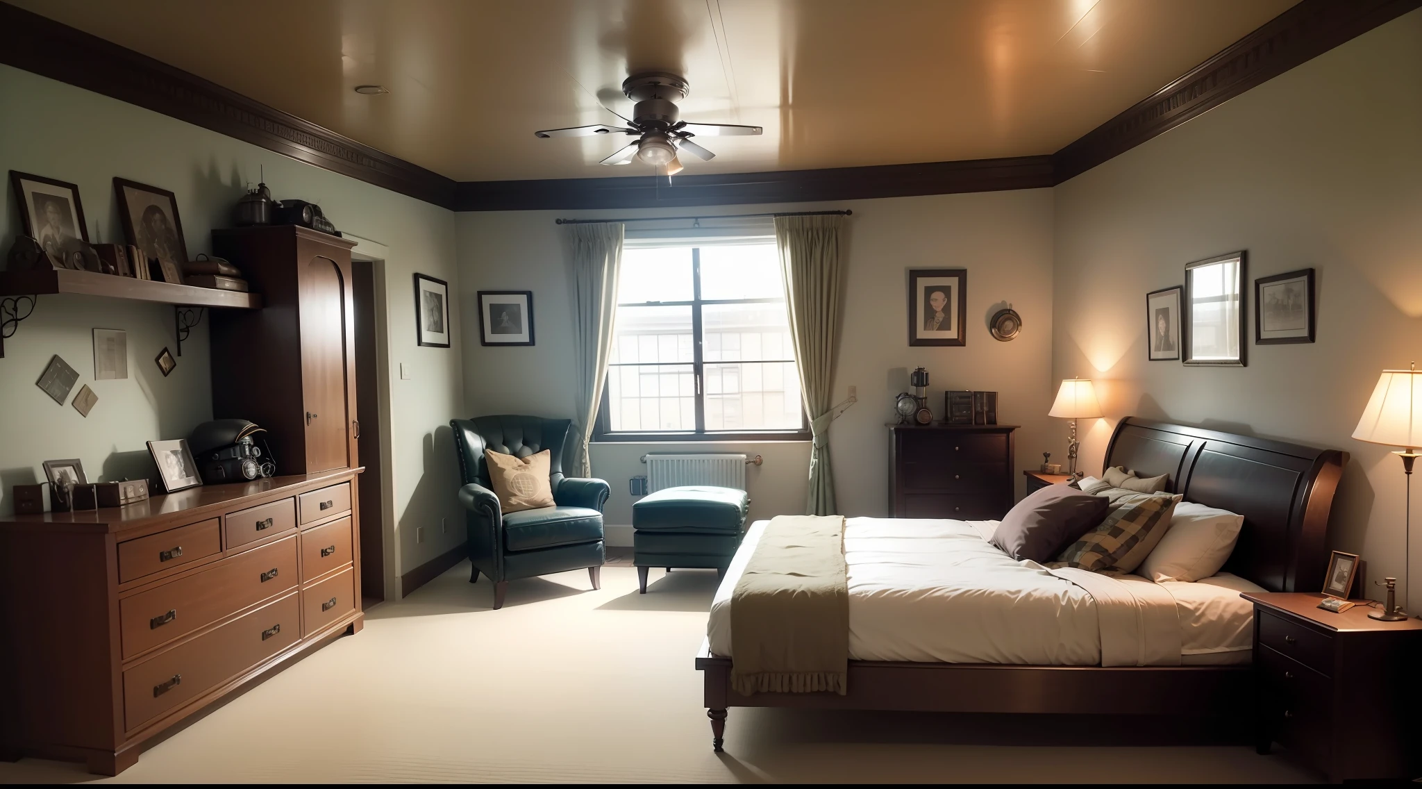 there is a bedroom with a bed and a chair in it, dieselpunk room, dieselpunk bedroom background, cozy dieselpunk 9 0 s bedroom, dieselpunk decoration, retro dieselpunk apartment, dieselpunk interior, dieselpunk teen room, galaxy themed room, dieselpunk decoration, dieselpunk children's room, dieselpunk apartment, dieselpunk environment, dieselpunk apartment, in a dieselpunk themed room, dieselpunk looking living room