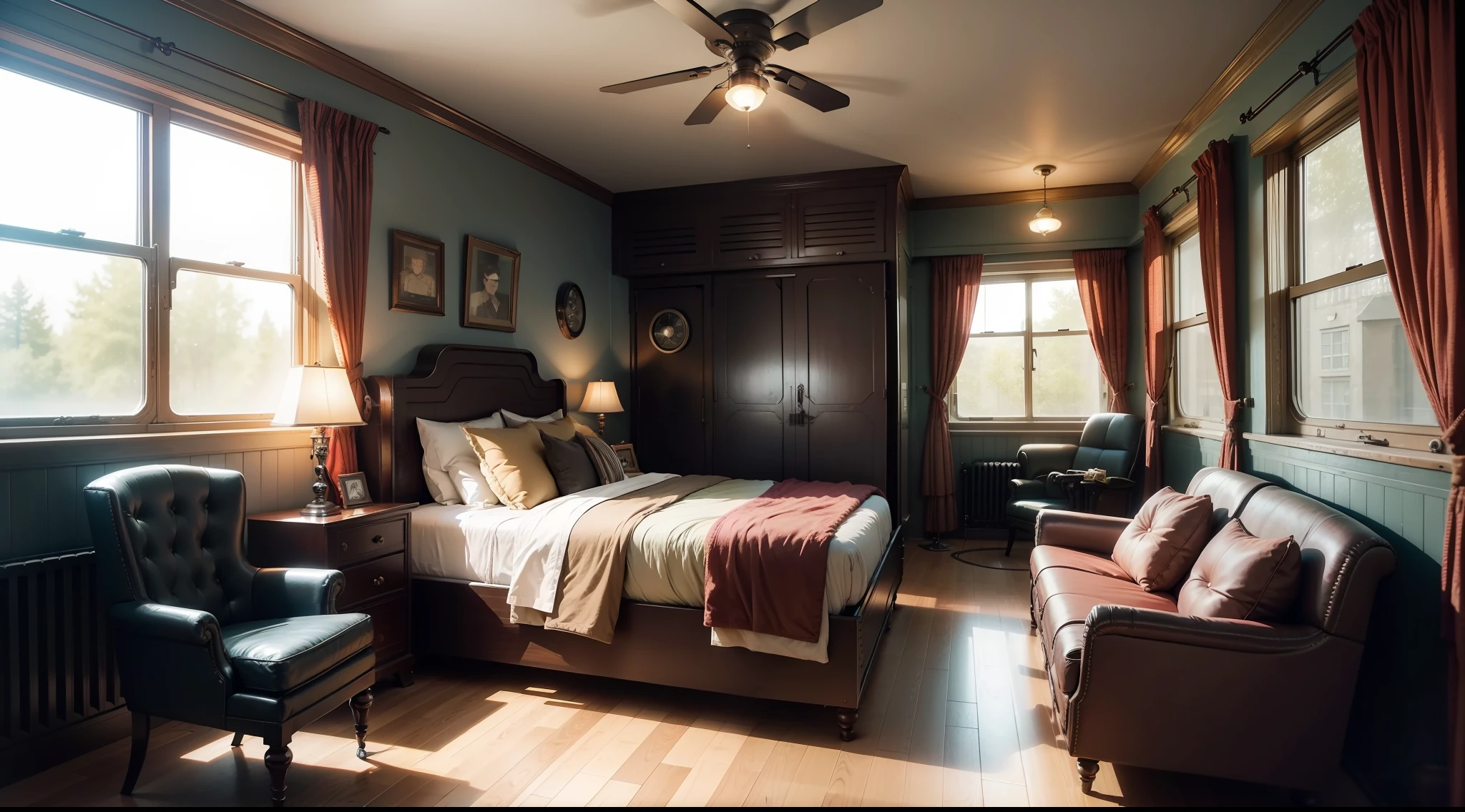 there is a bedroom with a bed and a chair in it, dieselpunk room, dieselpunk bedroom background, cozy dieselpunk 9 0 s bedroom, dieselpunk decoration, retro dieselpunk apartment, dieselpunk interior, dieselpunk teen room, galaxy themed room, dieselpunk decoration, dieselpunk children's room, dieselpunk apartment, dieselpunk environment, dieselpunk apartment, in a dieselpunk themed room, dieselpunk looking living room
