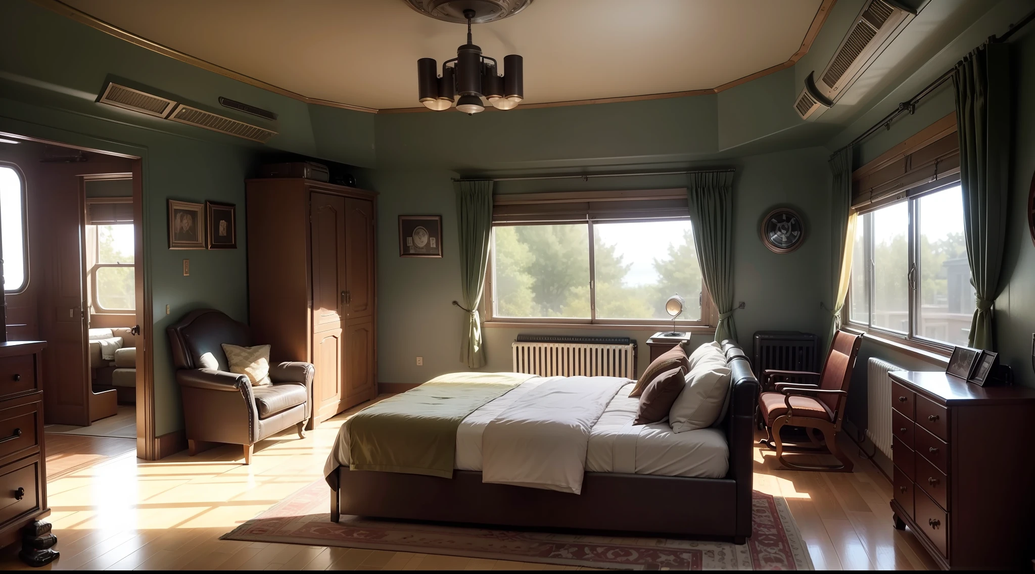 there is a bedroom with a bed and a chair in it, dieselpunk room, dieselpunk bedroom background, cozy dieselpunk 9 0 s bedroom, dieselpunk decoration, retro dieselpunk apartment, dieselpunk interior, dieselpunk room, galaxy themed room, dieselpunk decoration, dieselpunk children's room, dieselpunk apartment, dieselpunk environment, dieselpunk apartment, in a dieselpunk themed room, dieselpunk looking living room