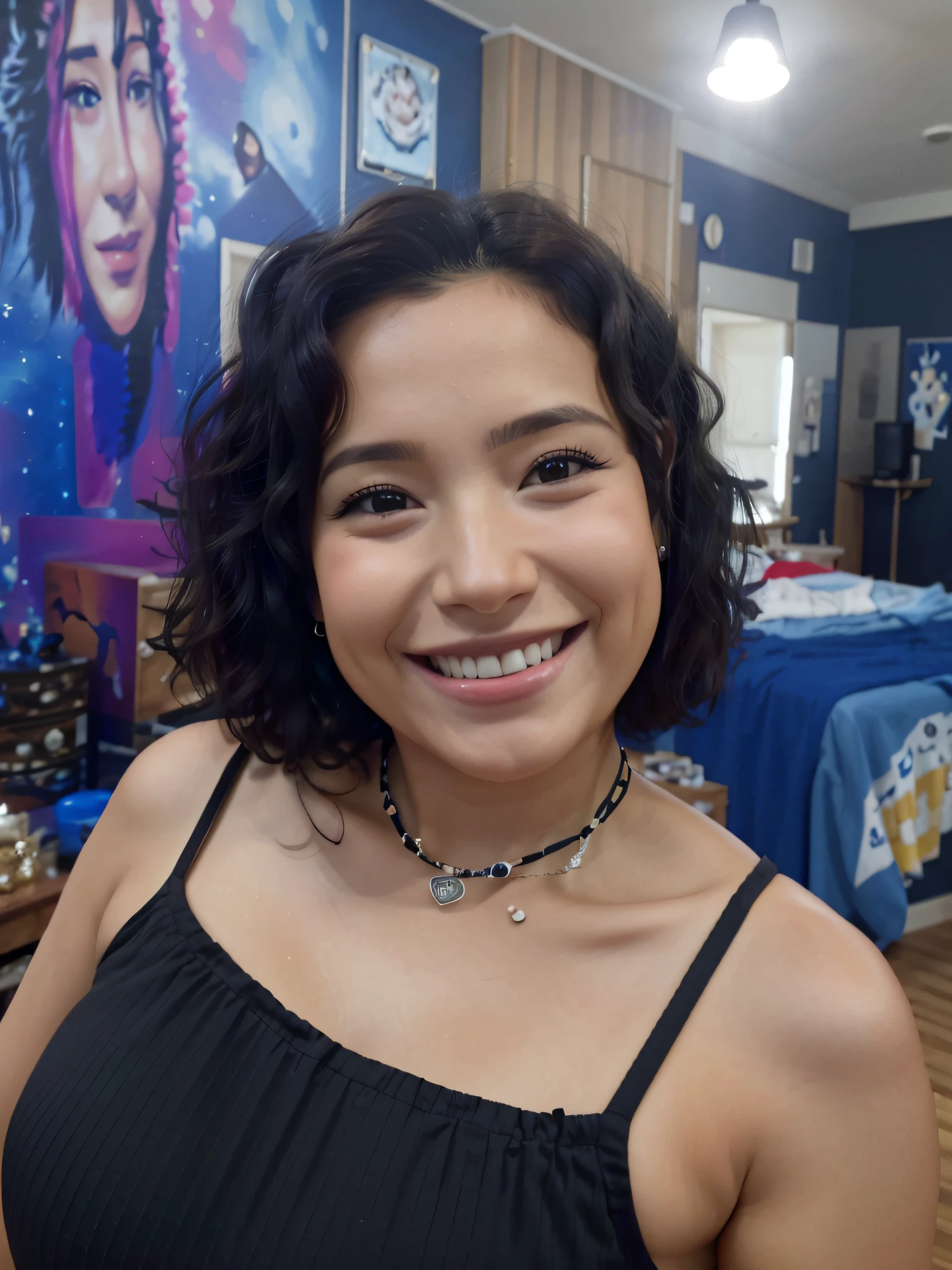 Smiling woman in black top in a residential room with a deck painting on the wall, profile picture, short curly dark hair smiling, 45 female, avatar image, happy smiling for the camera, gypsy props scattered around the room, pendants on the neck. Many cats are in space.