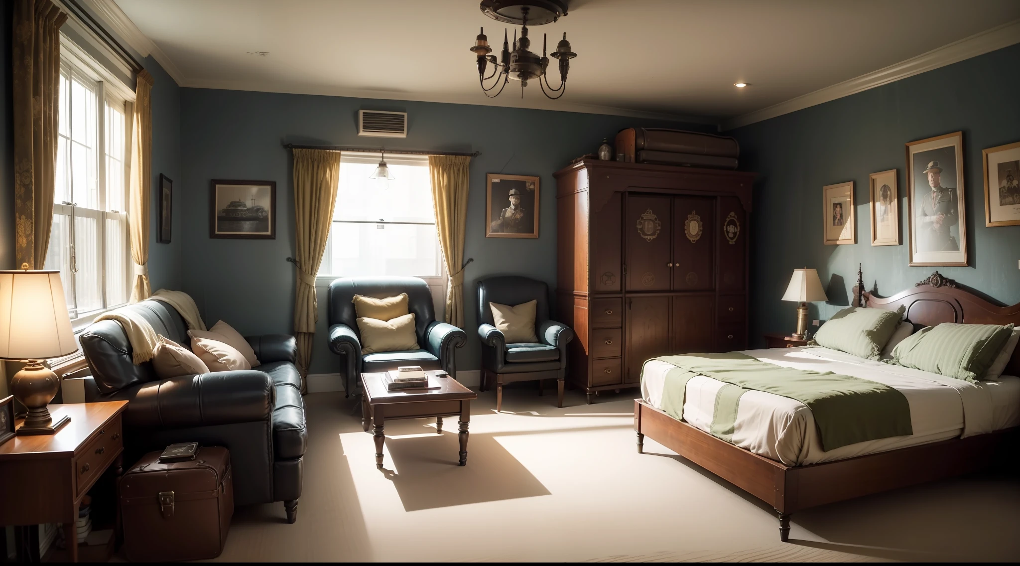 there is a bedroom with a bed and a chair in it, dieselpunk room, dieselpunk bedroom background, cozy dieselpunk 9 0 s bedroom, dieselpunk decoration, retro dieselpunk apartment, dieselpunk interior, dieselpunk teen room, galaxy themed room, dieselpunk decoration, dieselpunk children's room, dieselpunk apartment, dieselpunk environment, dieselpunk apartment, in a dieselpunk themed room, dieselpunk looking living room
