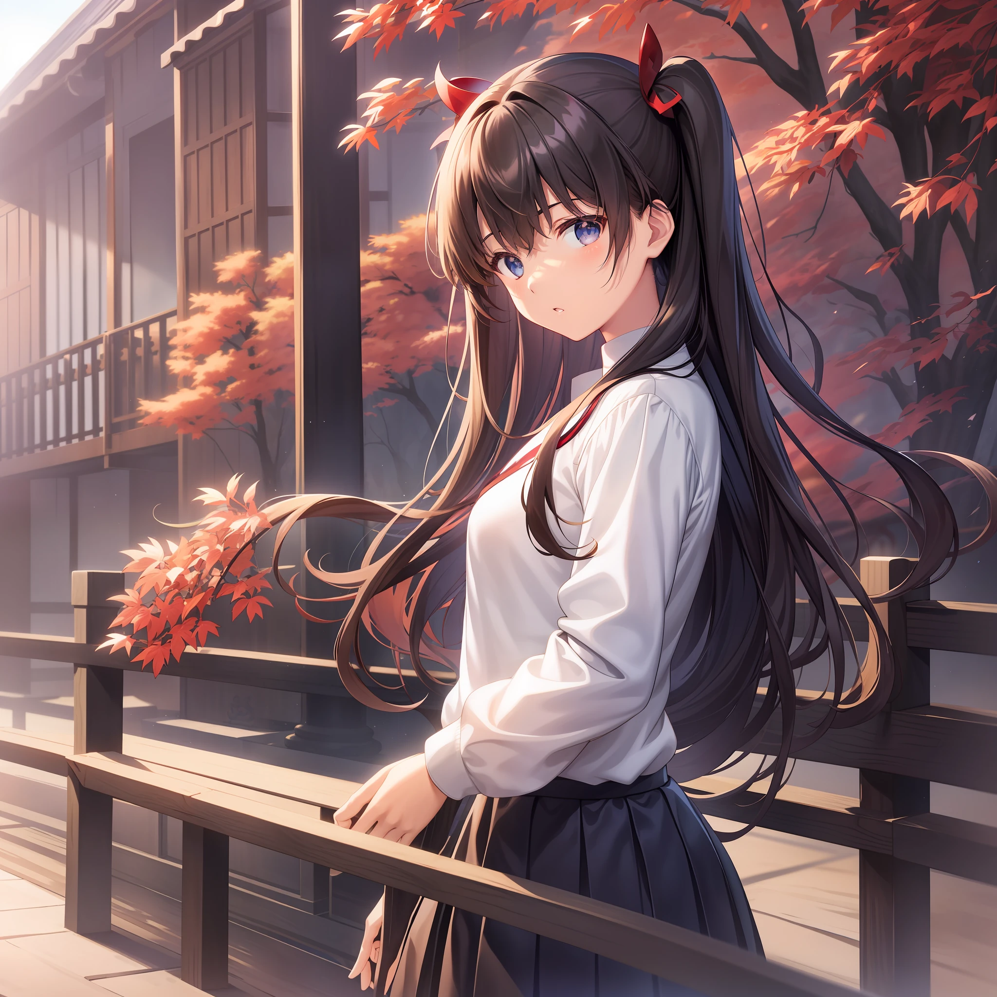 takeuchi takashi, fate \(series\), tohsaka rin, 1girl, bangs, black skirt, blue eyes, brown hair, cowboy shot, from side, long hair, long sleeves, looking to the side, parted bangs, parted lips, pleated skirt, red sweater, signature, skirt, solo, sweater, two side up , ((masterpiece))