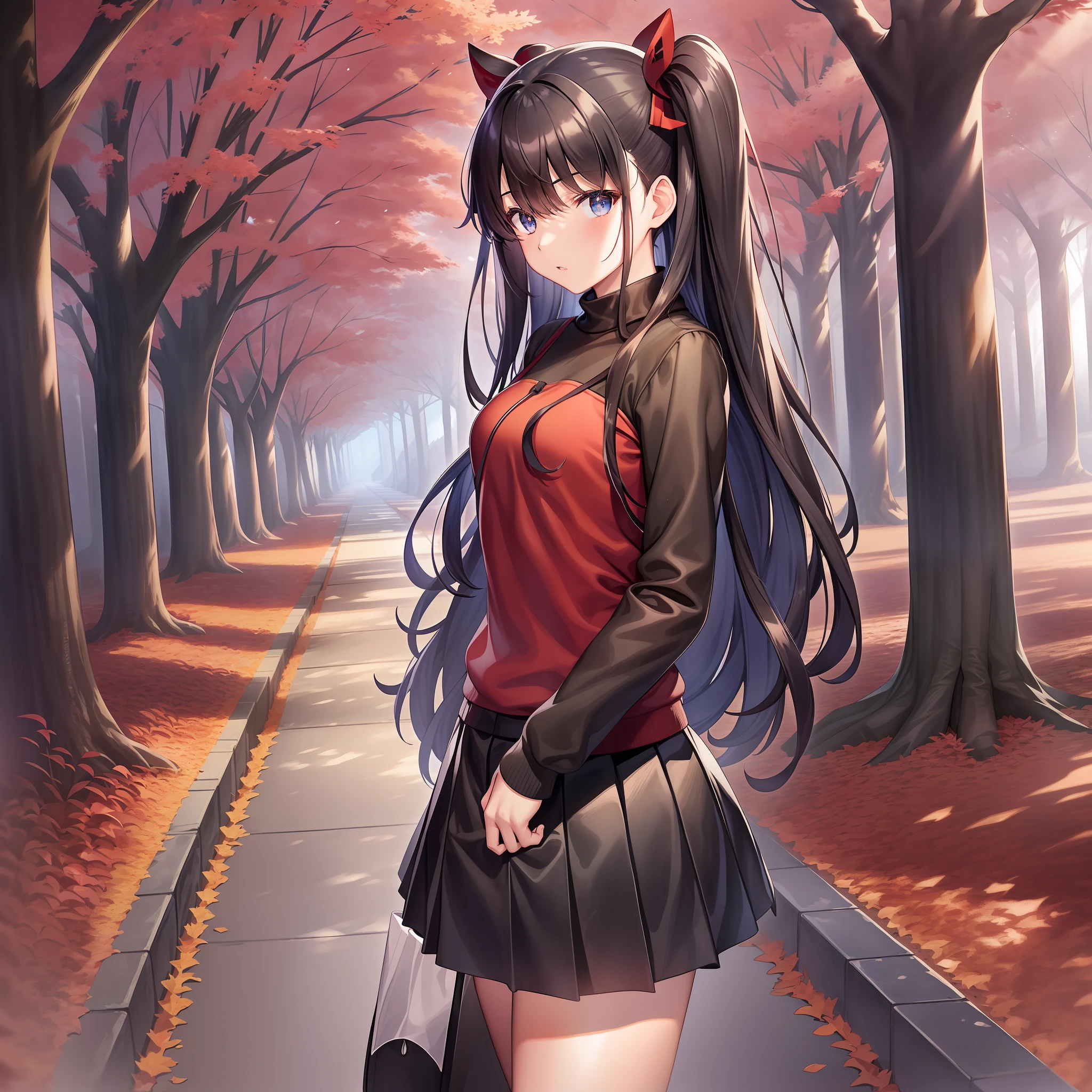 takeuchi takashi, fate \(series\), tohsaka rin, 1girl, bangs, black skirt, blue eyes, brown hair, cowboy shot, from side, long hair, long sleeves, looking to the side, parted bangs, parted lips, pleated skirt, red sweater, signature, skirt, solo, sweater, two side up , ((masterpiece))