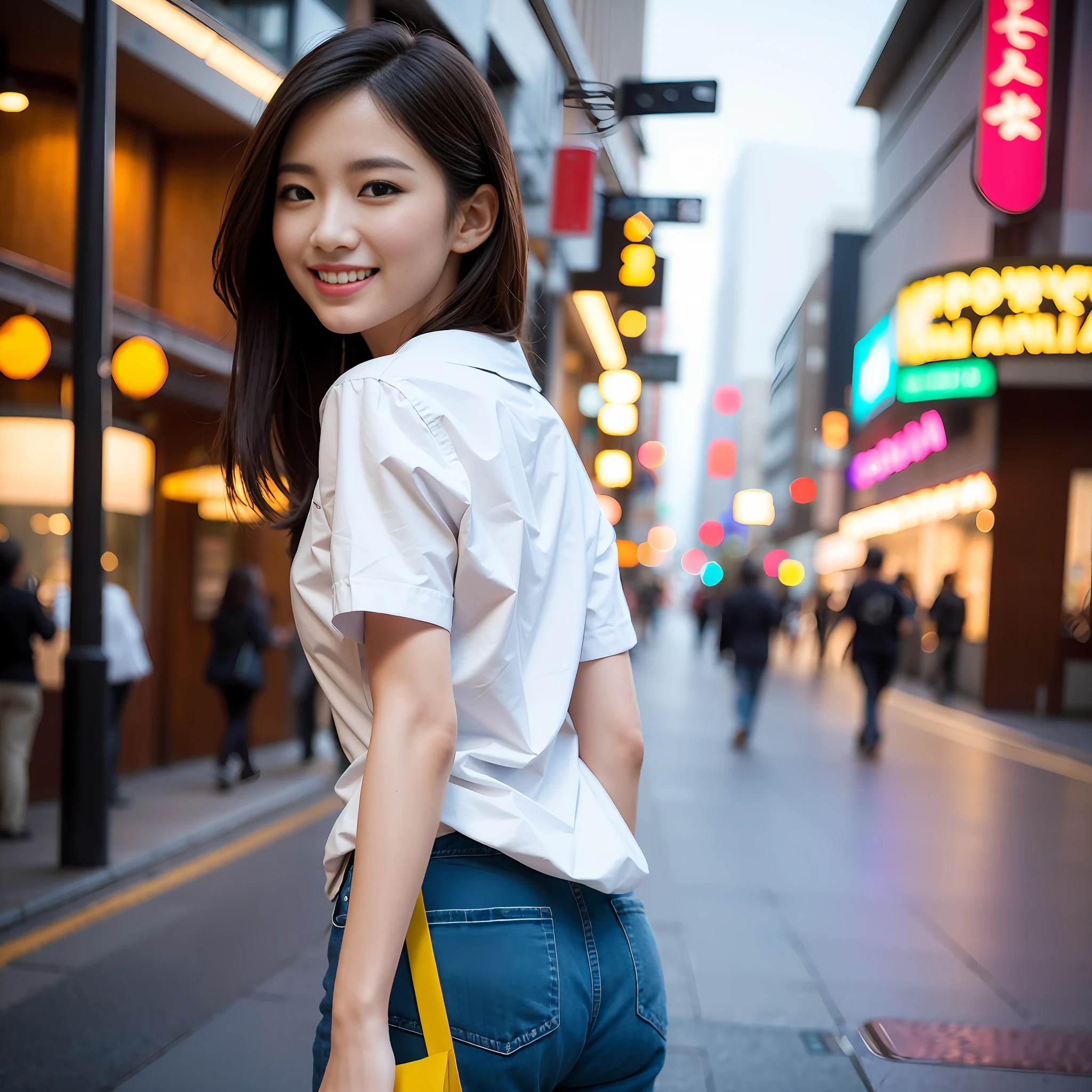 (masterpiece, top quality: 1.2), super detailed, cinematic lighting, HDR, one beautiful girl, shopping alone, (turn around), shiny hair, happiness, shopping, beautiful smile, blouse, beautiful girl with full body, clean detailed face, complex clothes, glowing shadows, beautiful gradient, depth of field, pretty image, high quality, high resolution, high resolution, cute face, slim body, Nice hip, turn around