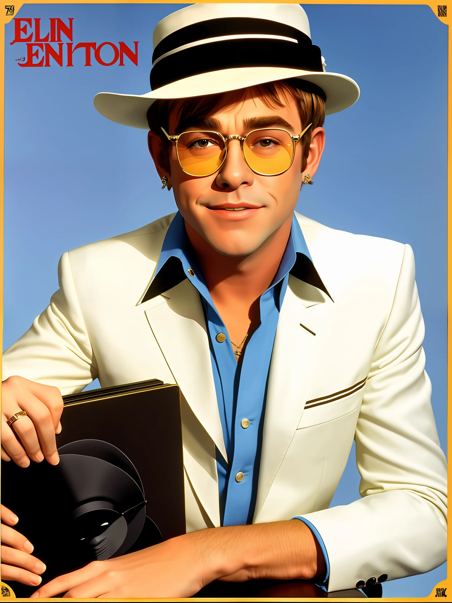 Elton John young and realistic
Wearing a white cawboy outfit, with a brown cawboy hat on a record cover called Elton John the best hits