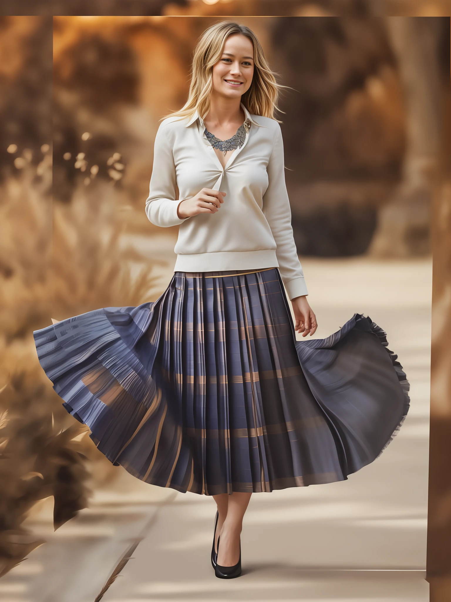 brie larson, a kind therapist, dancing while wearing a long pleated skirt and smiling (very flirty:1,5), 35mm f1.4 Kodak portra 400 photograph, extremely high quality RAW photograph, (pronounced feminine features:1,3), big boobs, large breasts, (highly detailed ultra accurate realistic) hands and fingers, ((windy conditions and wind blowing)), epic composition, highly detailed attributes, highly detailed atmosphere, detailed background, intricate, Exquisite details and textures, highly detailed,
