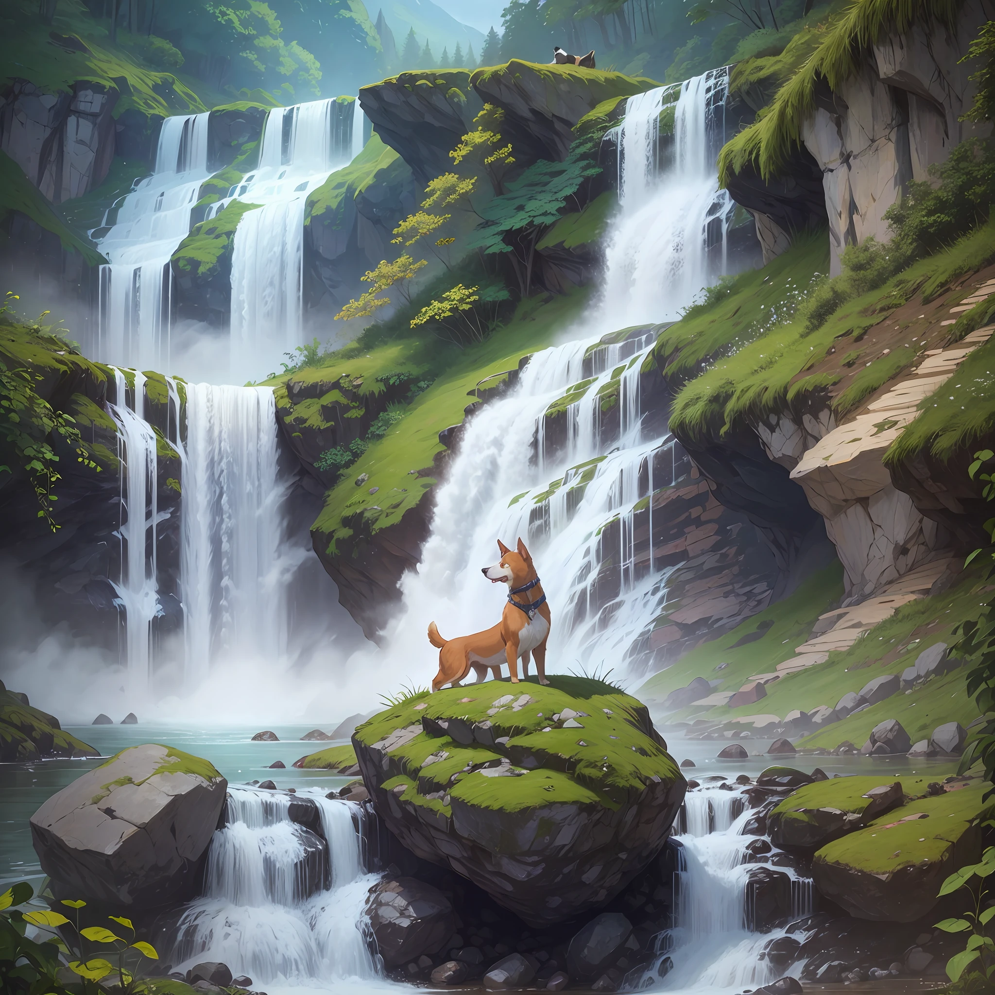 Create a hand-drawn paizagem of a dog in a waterfall near a campsite --auto --s2