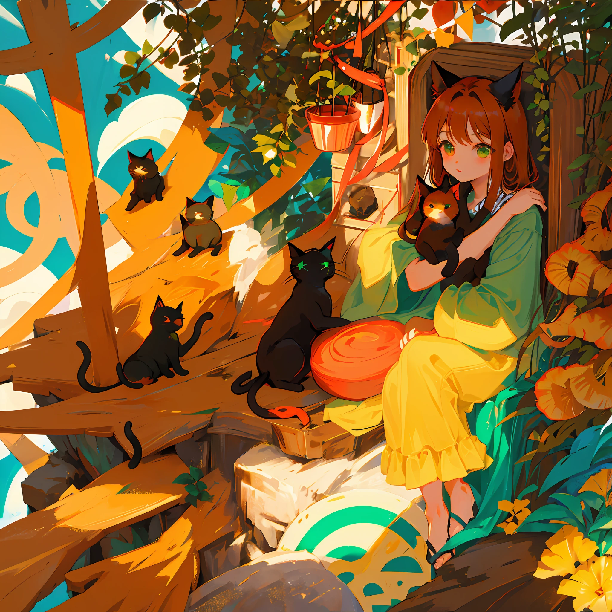 (2cats:1.3), (2animals:1.3), ((black brown eyed cat)), ((ginger green eyed cat)), (hugging:1.2), wonderful atmosphere, cute vibe, magic dust