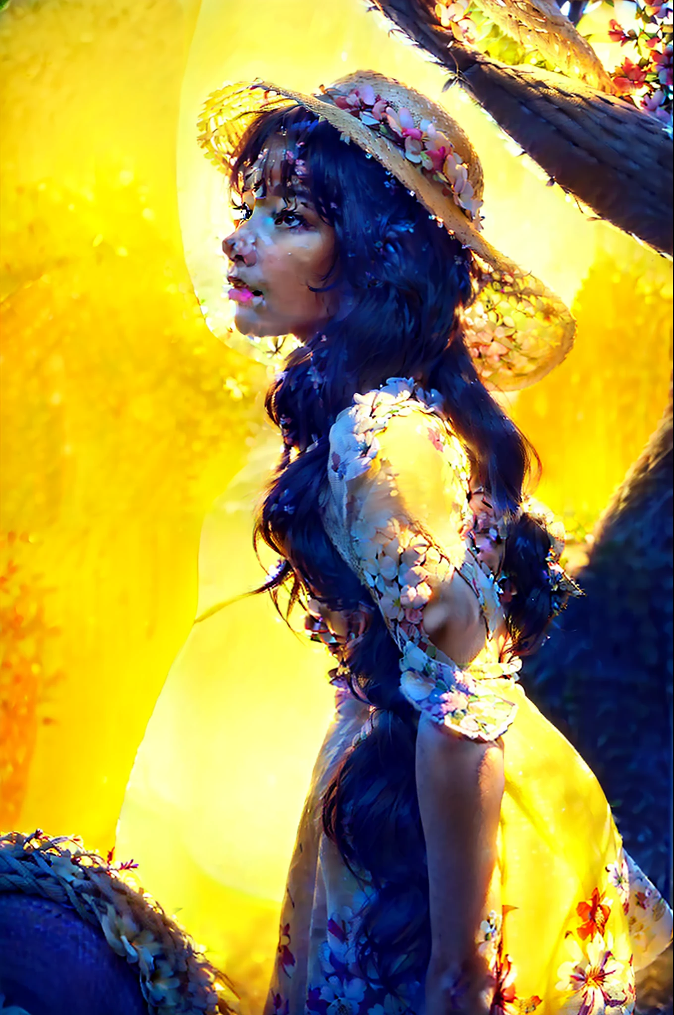 (extreme close up:1.5), (face focus:2),(Style of ???? ???:1.5),
((side face:2)),(1girl surrounded by soft_light:1.5), (backlighting:1.8), (lighting),(flowing fabric:1.3), ((Floral_summer_dress:1.5),(Straw_hat:1.3)),
(masterpiece), realistic, HDR, highly detailed, 8k, raw photo,
ambient occlusion, natural, harmonious composition, warm tones, fine art photography,
