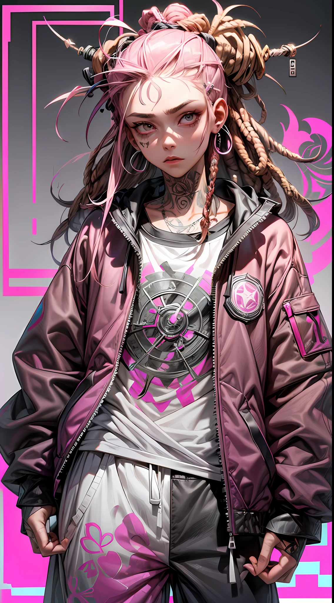 roxo:1.2,pink:1.1,white:1.5,rusty:1.3,textures:1.7 (rapper with dread hair),tattoos, (power puffer clothes:1.2),flowers,leaves,fog,lines,circles background