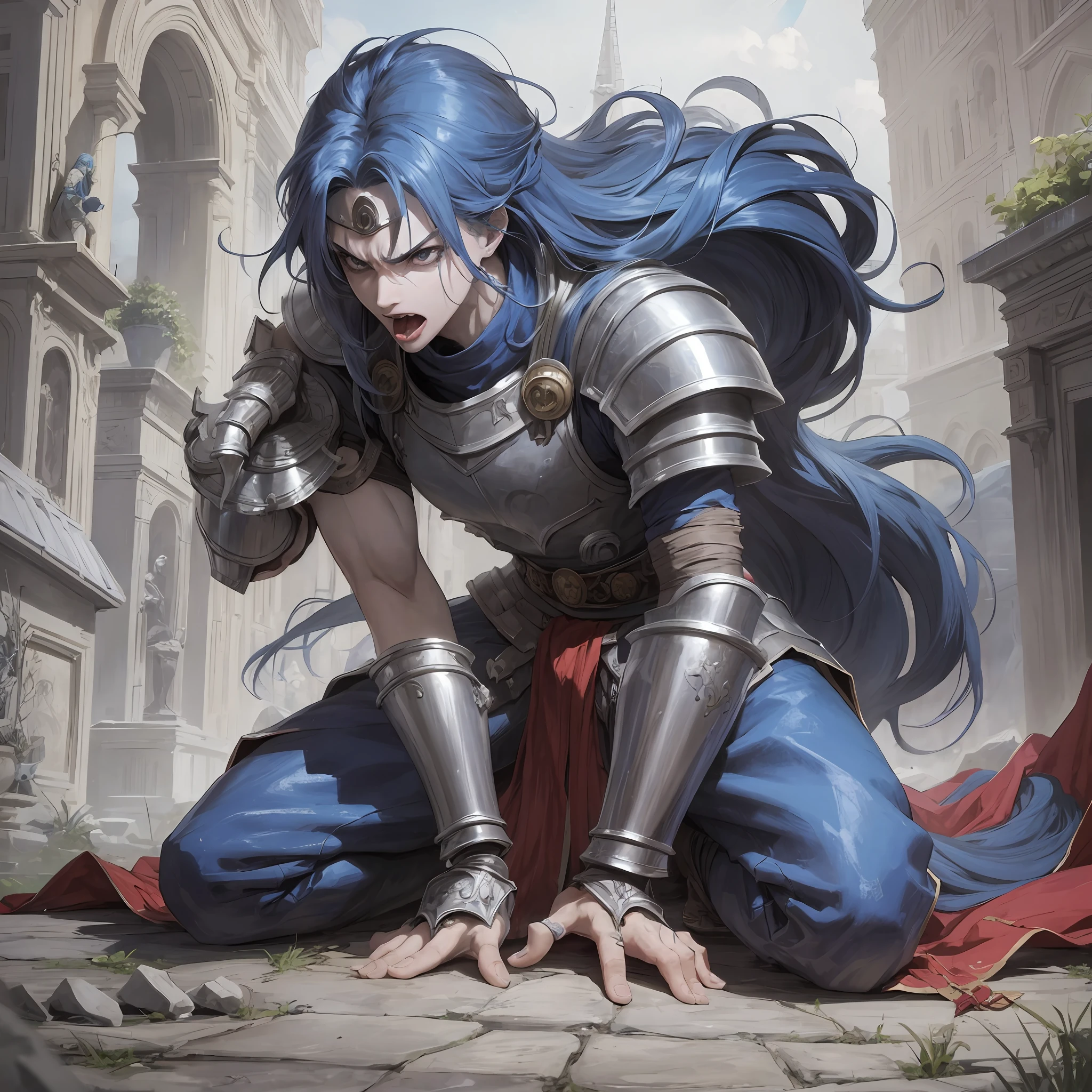Anime, long blue hair, male, tongue out, kneeling, wearing a paw, gauntlet sword, insane, beggar, torn clothes, angry, furious, arms outstretched, holding a gauntlet sword paw, beggar