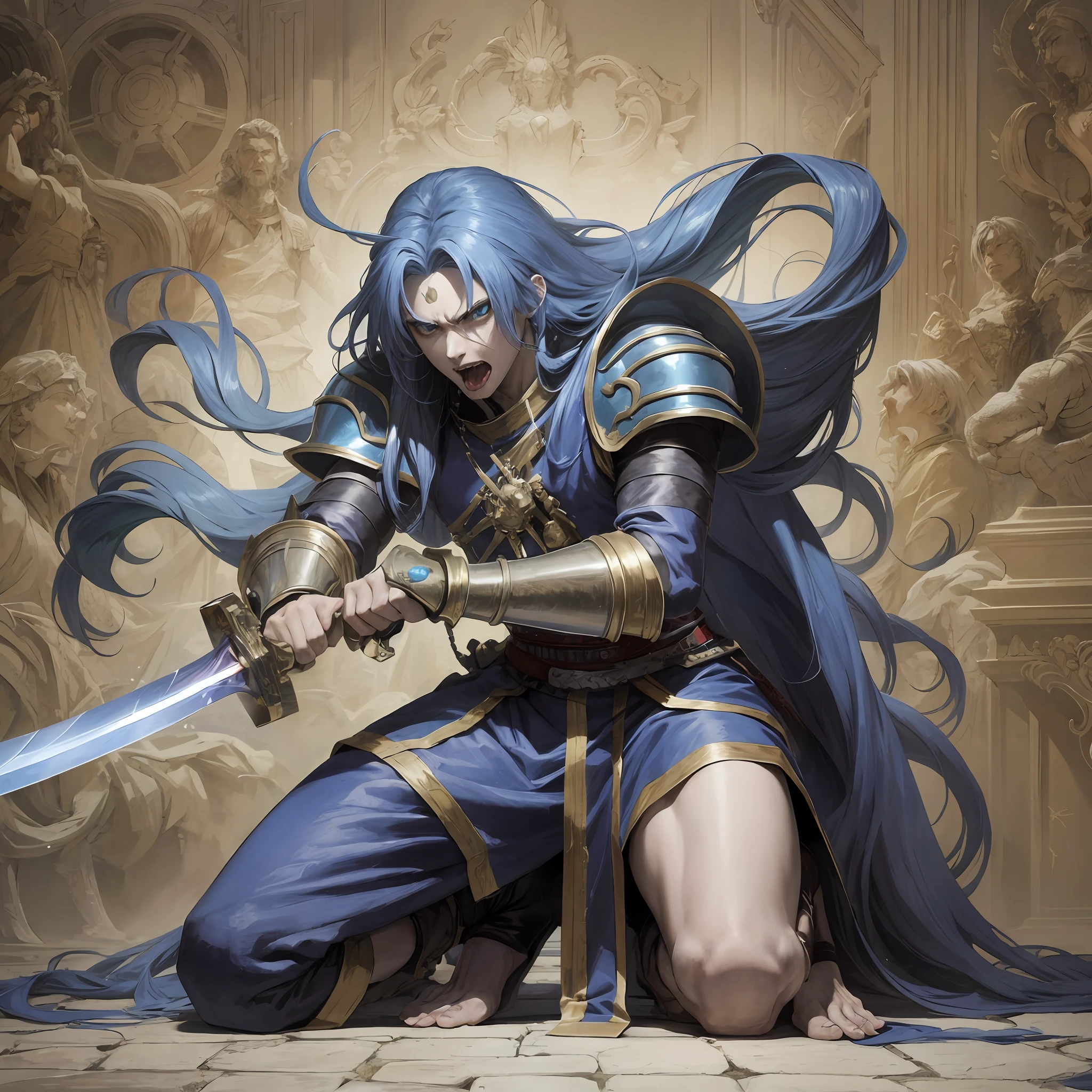 Anime, long blue hair, male, tongue out, kneeling, wearing a paw, gauntlet sword, insane, beggar, torn clothes, angry, furious, arms outstretched, holding a gauntlet sword paw, beggar