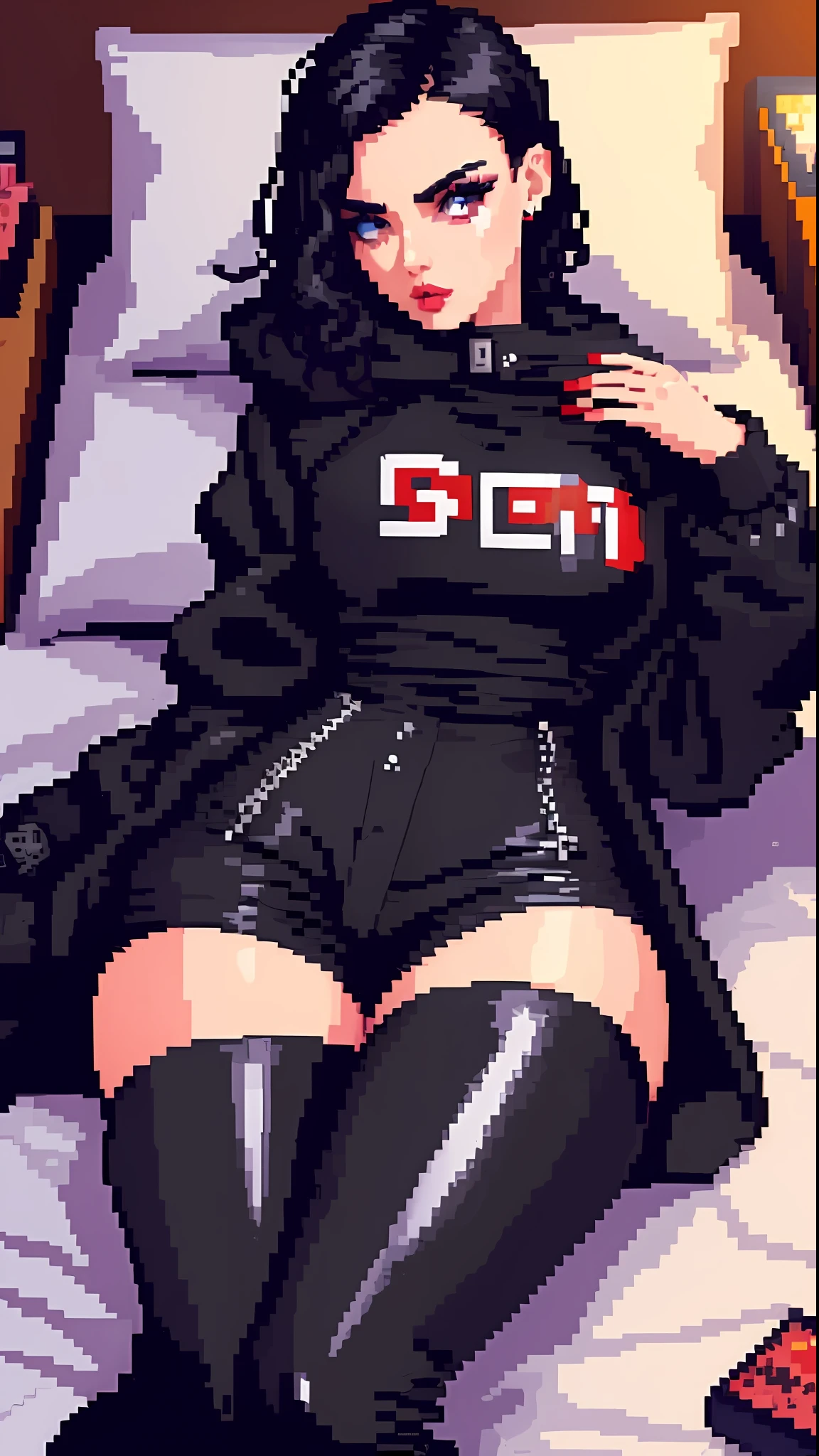 (pixelart: 1.2), beautiful goth women, sexy goth girl, designer sweatshirt coat with logos, pants, short black hair red locks, bedroom, lying in bed