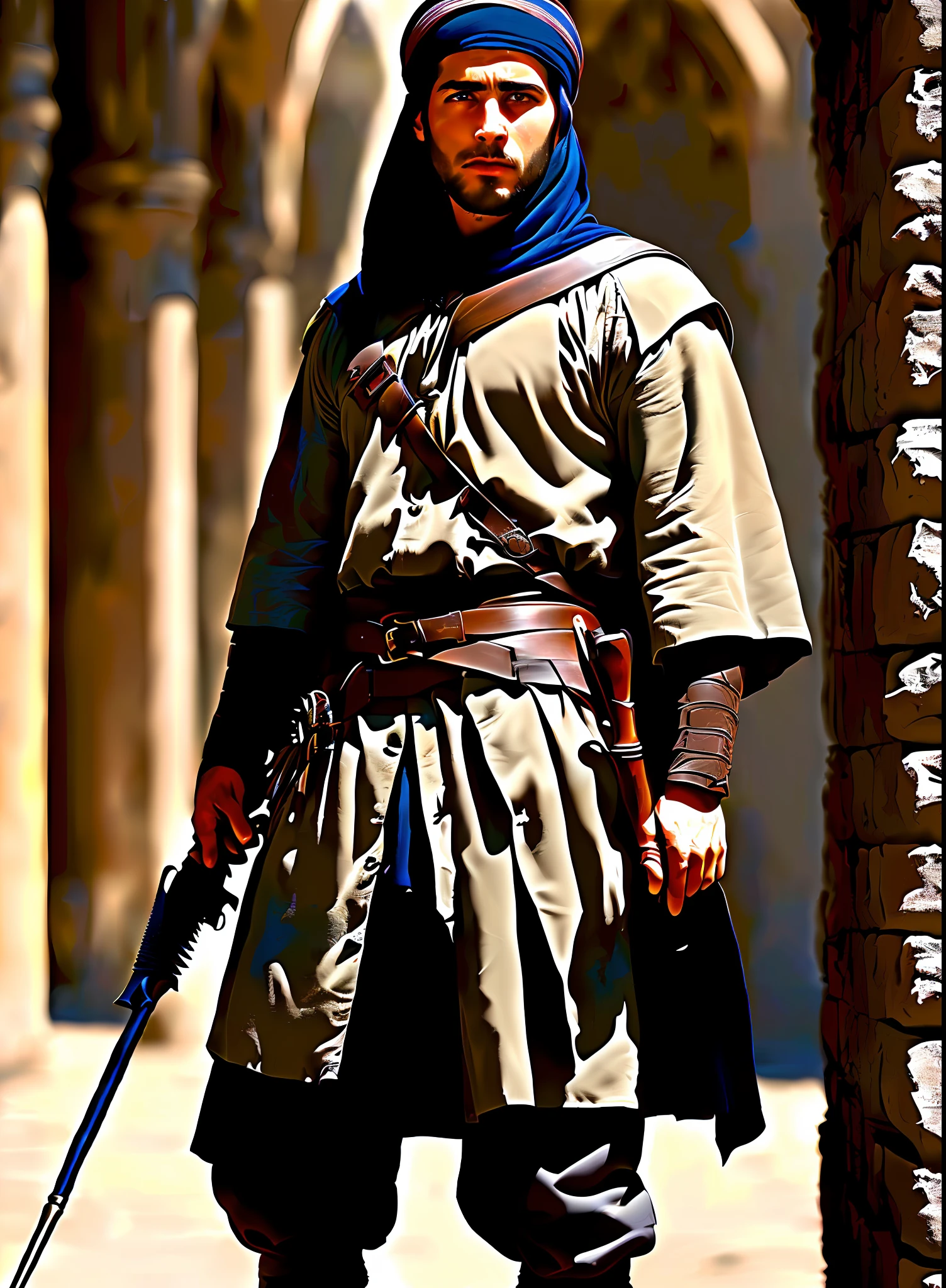 modelshoot style, (extremely detailed CG 8k wallpaper), full body photo of the most beautiful artwork in the world, medieval armor, majestic professional oil painting by Ed Blinkey, Atey Ghailan, Studio Ghibli, by Jeremy Mann, Greg Manchess, Antonio Moro, trend at ArtStation, trend at CGSociety, Intricate, High Detail, Sharp Focus, dramatic and photorealistic painting art from midjourney and greg rutkowski. Imagine a Druze warrior in 1100 A.D., in the midst of a world of conflict and change. Create a work that depicts this character's life in ultra-realistic detail, from his clothes and weapons to the scars on his body. Make the viewer feel the tension and determination of this warrior in the midst of an ever-changing world."
