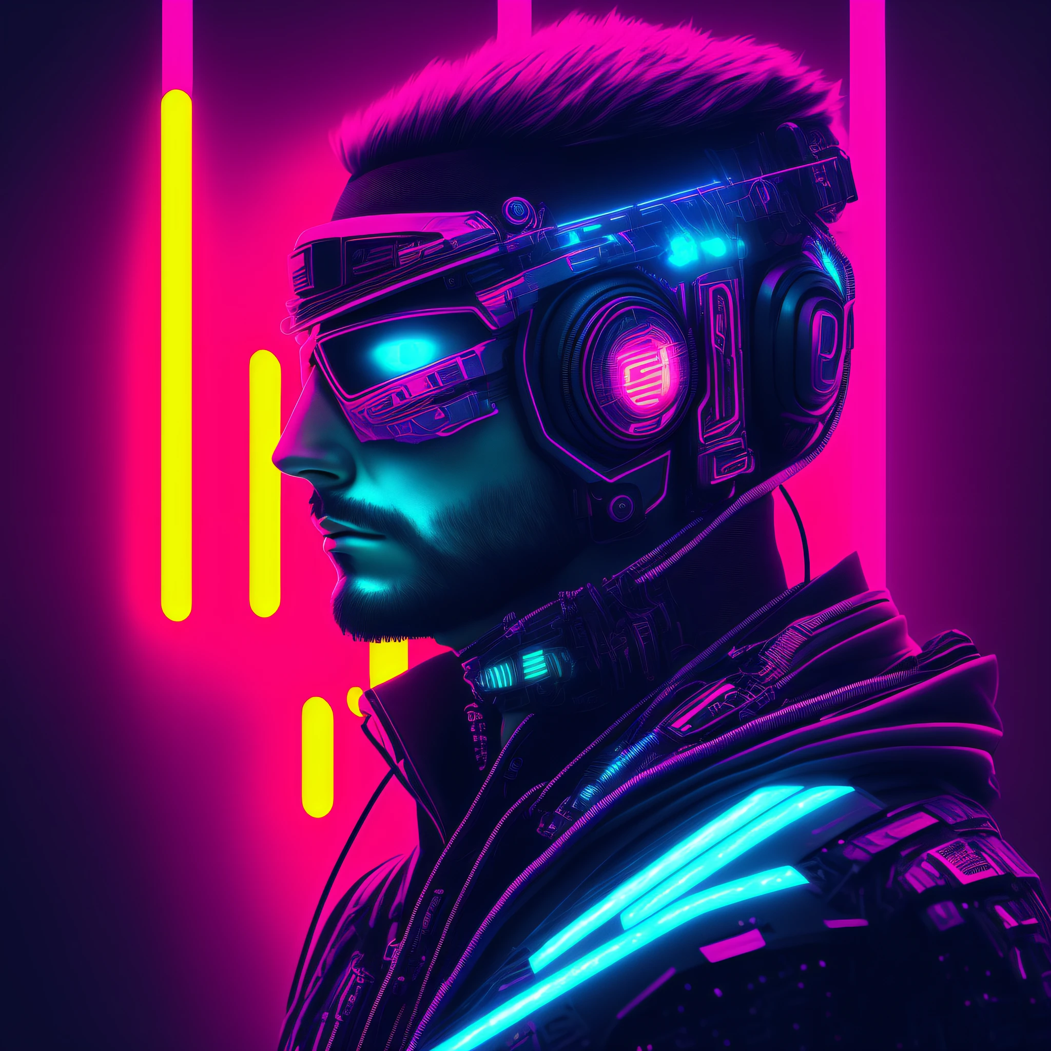 Man, cyberpunk style portrait, futuristic (neon: 1.1) reflective wear, science fiction. artgern, art, illustration, ((dark environment)), ((vegnette)), ((HDR)) ((minimal palette colors)), soft tones, soft colors, faint colors, calm, highly detailed pastel colors, intricate details