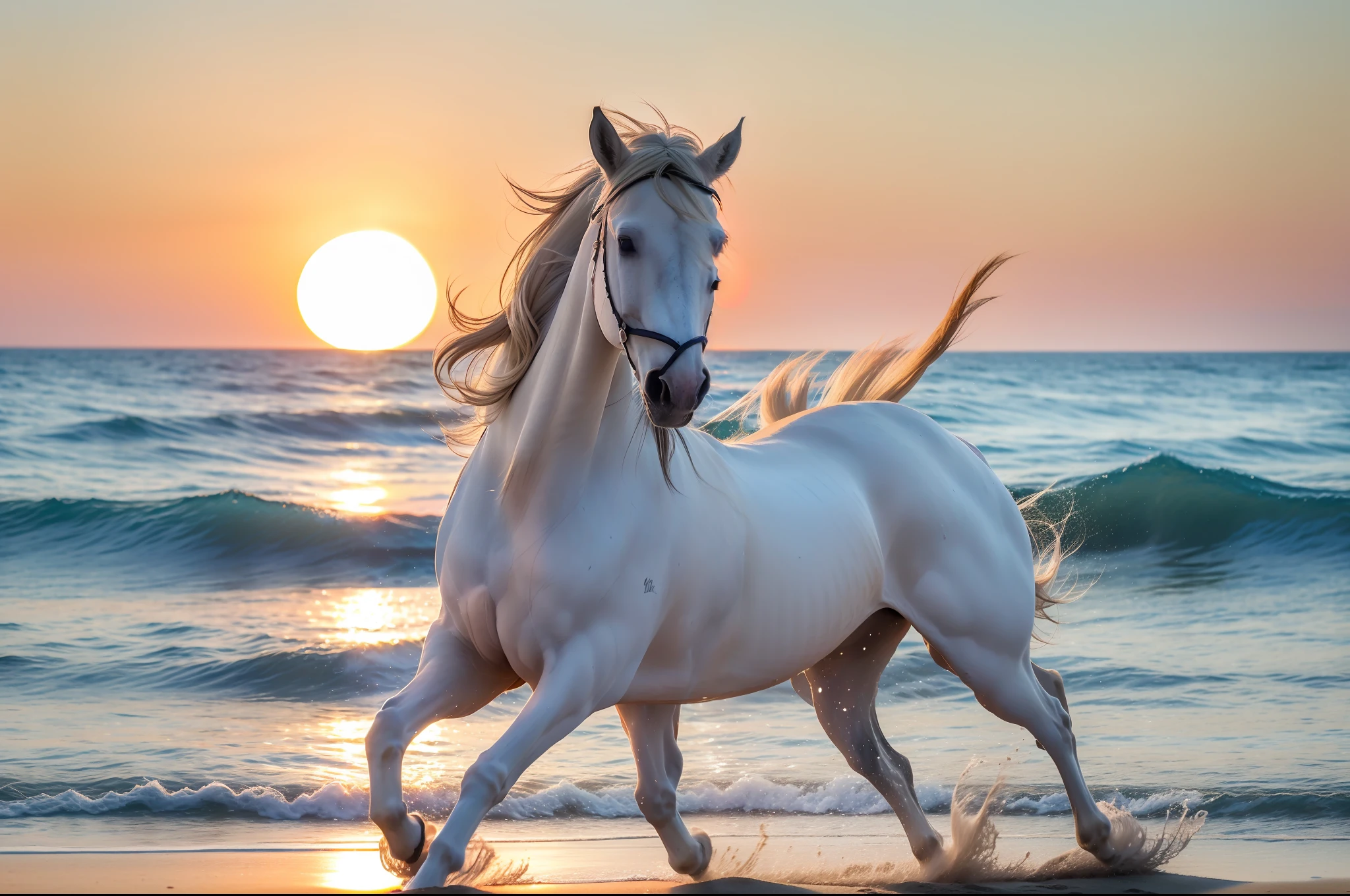 A white horse gallops on the beach in the setting sun, full limbs, long white mane, white tail