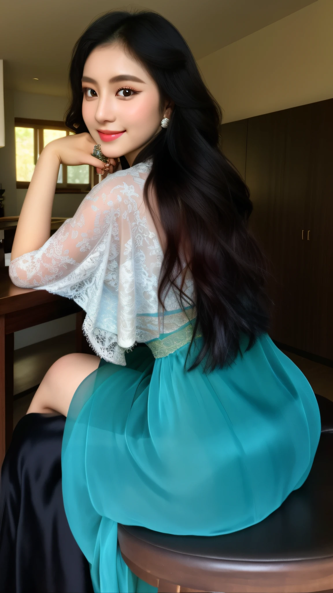 best quality, masterpiece, highres, 1girl, transparent silk lace javanese kebaya, silk robe, medium hair, smile, closed mouth,lips, long dress, necklace, jewelry, javanese clothes, make-up, earrings, detailed beautiful round eyes,Indonesia women, Beautiful face,upon_body, tyndall effect,photorealistic, rim lighting, two tone lighting,(high detailed skin:1.2), 8k uhd, dslr, soft lighting, high quality, volumetric lighting, candid, Photograph, high resolution, 4k, 8k, Bokeh, in home, leaf falling , spring, (gigantic breasts:1.5), black bra. arafed woman sitting on a stool in a room with a laptop, 18 years old, 1 6 years old, 2 2 years old, south east asian with long, 21 years old, 2 0 years old, 20 years old, very beautiful girl, attractive girl, cute beautiful, 1614572159, with beautiful exotic