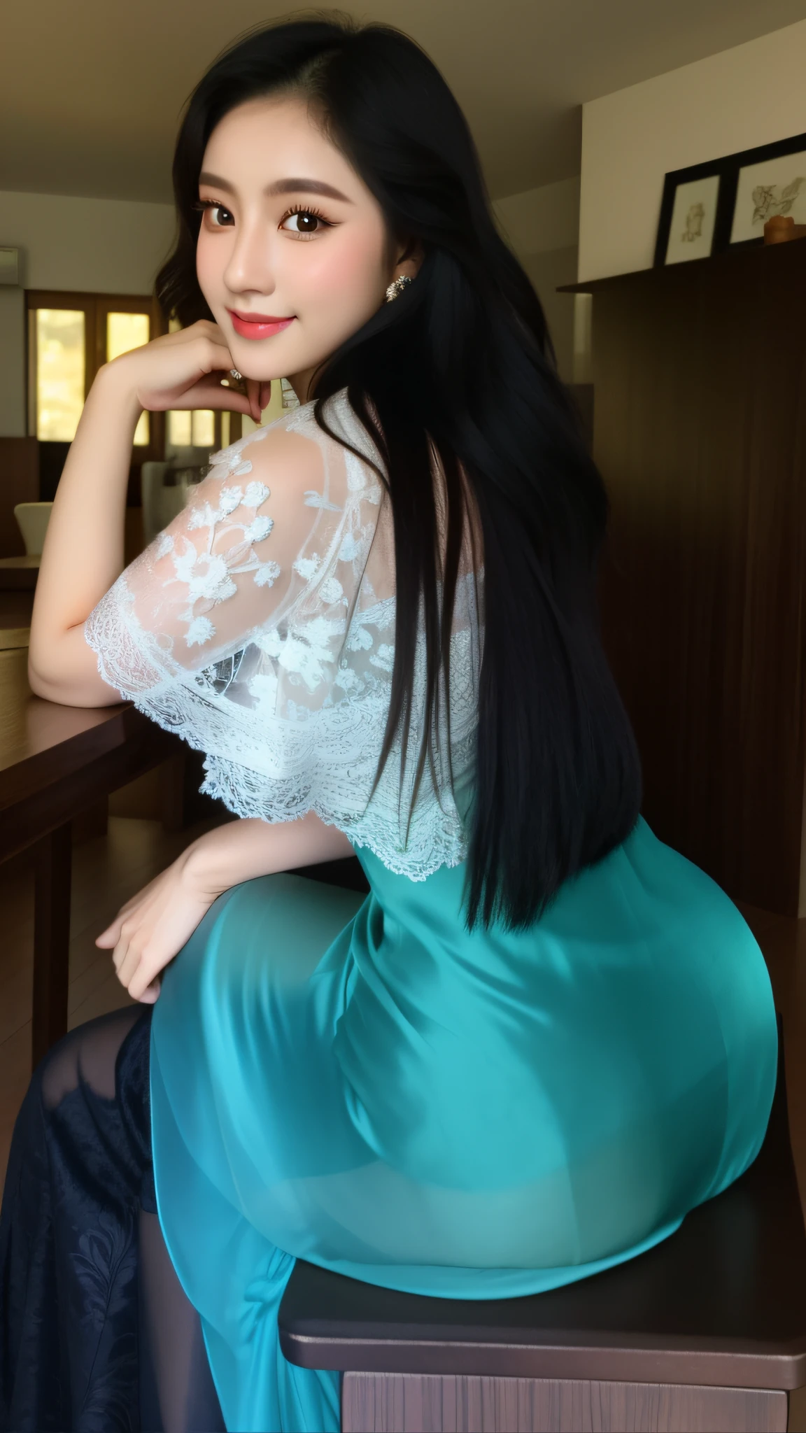 best quality, masterpiece, highres, 1girl, transparent silk lace javanese kebaya, silk robe, medium hair, smile, closed mouth,lips, long dress, necklace, jewelry, javanese clothes, make-up, earrings, detailed beautiful round eyes,Indonesia women, Beautiful face,upon_body, tyndall effect,photorealistic, rim lighting, two tone lighting,(high detailed skin:1.2), 8k uhd, dslr, soft lighting, high quality, volumetric lighting, candid, Photograph, high resolution, 4k, 8k, Bokeh, in home, leaf falling , spring, (gigantic breasts:1.5), black bra. arafed woman sitting on a stool in a room with a laptop, 18 years old, 1 , 2 2 years oldt asian with long, 21 years old, 2 0 years old, 20 years old, very beautiful girl, attractive girl, cute beautiful, 1614572159, with beautiful exotic