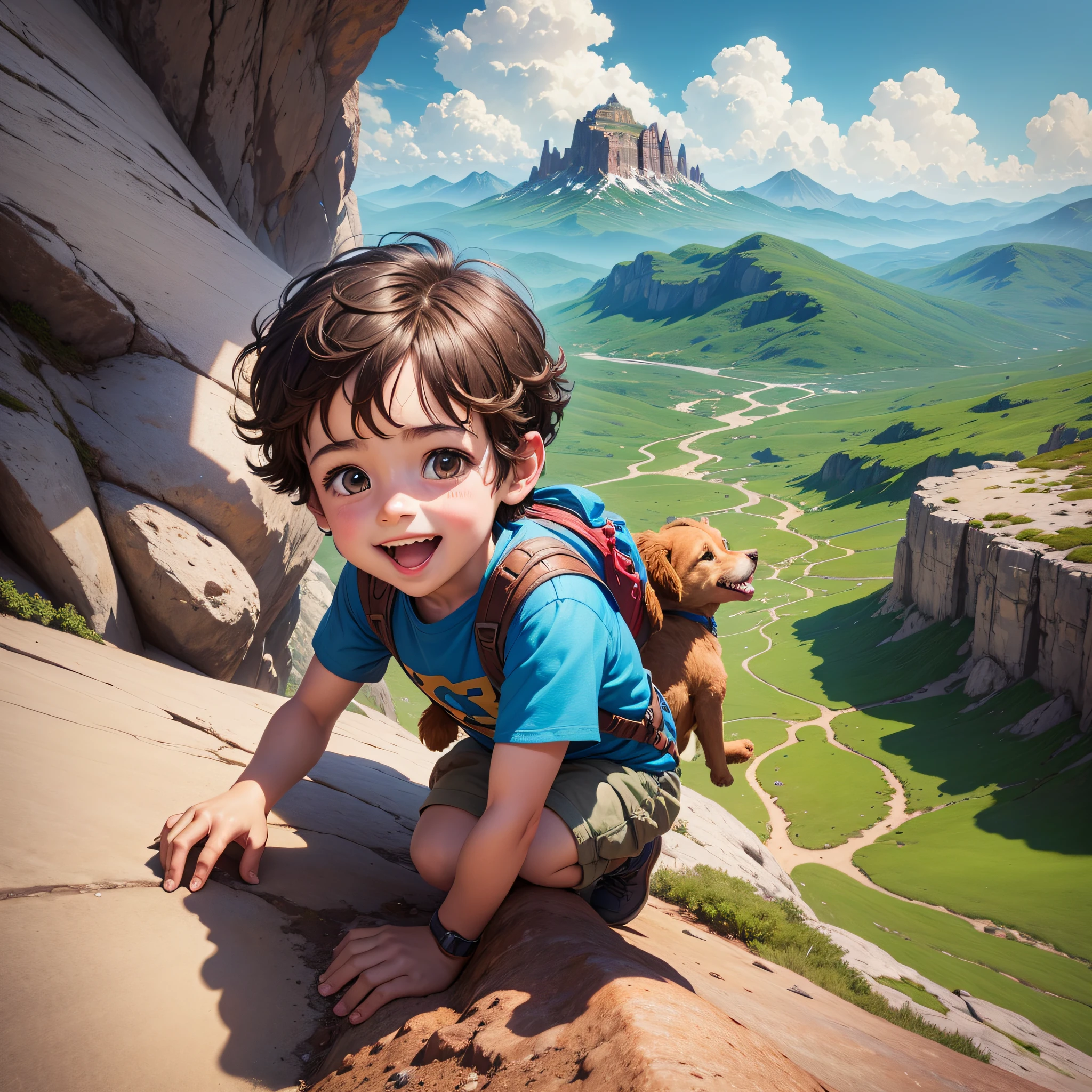HAPPY, CUTE CHILD WITH HIS DOG ON AN ADVENTURE., short hair, brown hair, climbing the mountain, bright, Surrealism, Minimalism, Pixar, UHD, 1080P, HD, 8k, textured skin, high details --auto --s2