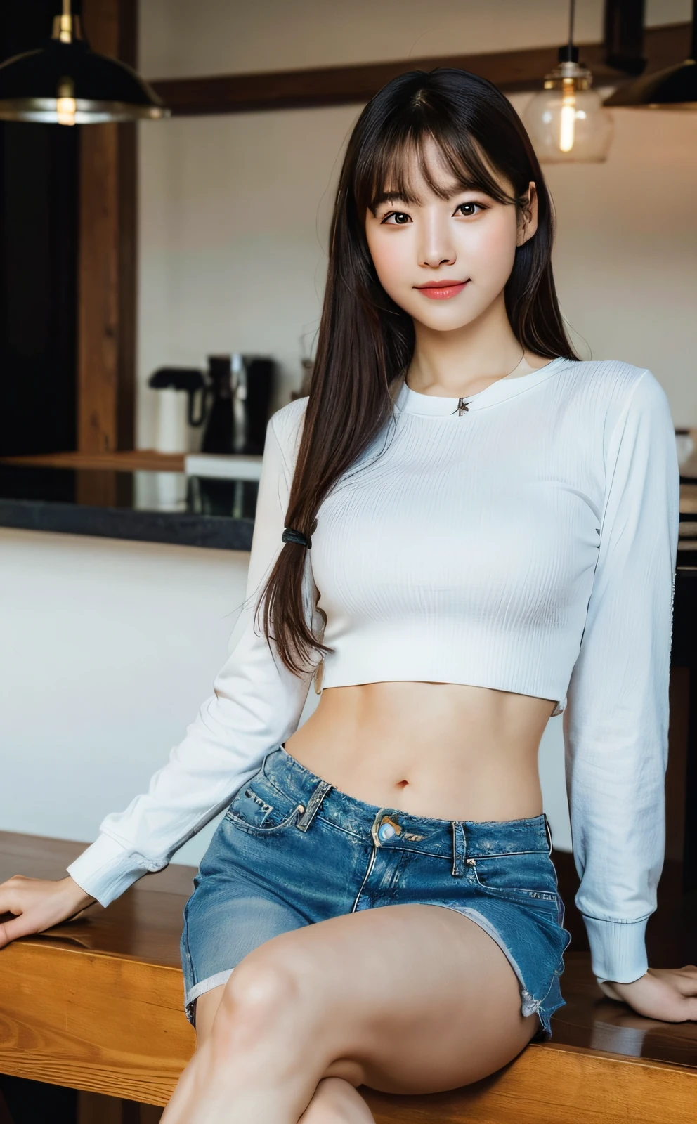 (8k, RAW photo, top quality, masterpiece: 1.2), (realistic, photorealistic: 1.37), ultra detail, ultra high resolution, pio apple, one girl, look viewer, smile, beautiful detailed eyes, floating hair, bangs, skin texture, narrow waist, slim waist, (curve: 0.4), belly buttons, legs, movie lighting, professional lighting, light face, café, coffee drinking, looking sideways