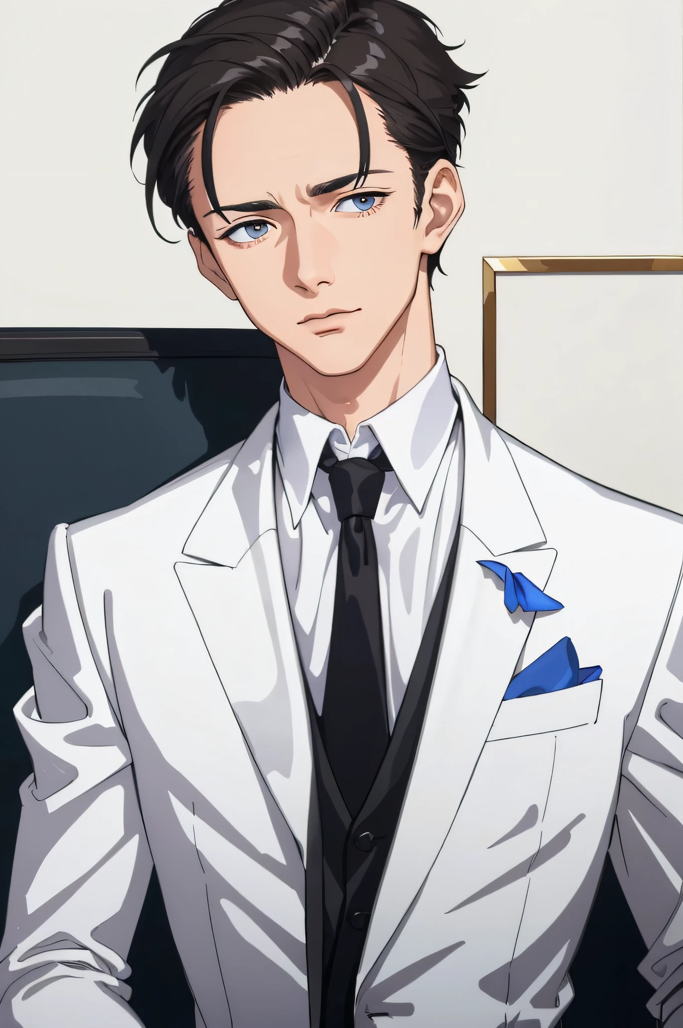 ((masterpiece:1.2, best quality)), 4k, 1man, adult, mature, handsome, very short hair, forehead, white suit, portrait, extremely detailed face, (muscle:1.4, broad shoulders:1.4, disciplined body)