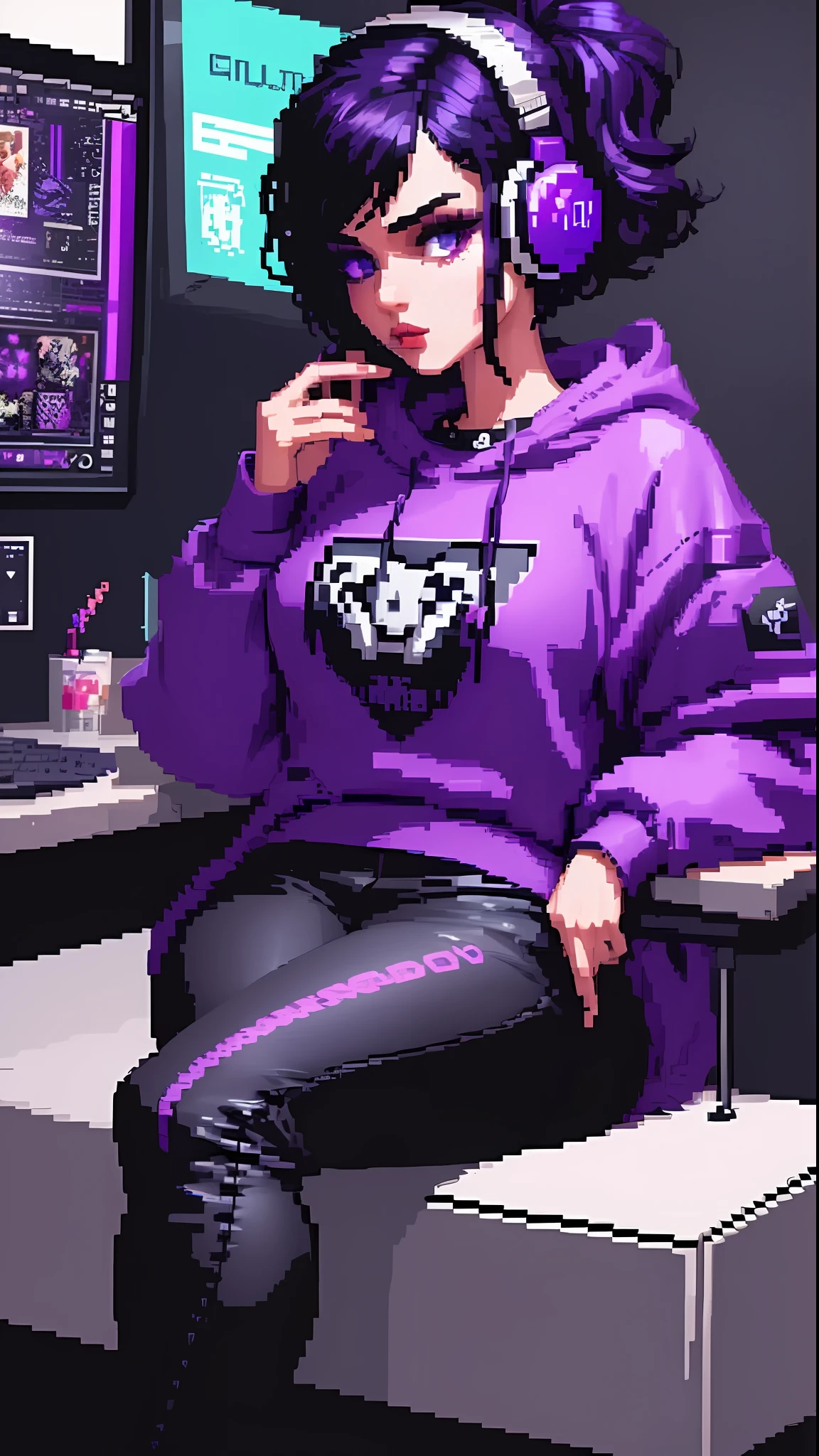 (pixelart: 1.2), beautiful goth women, sexy goth girl, wearing a headset, designer sweatshirt coat with logos, pants, short black hair with purple tips, bedroom, sitting in a gaming chair, pixel art