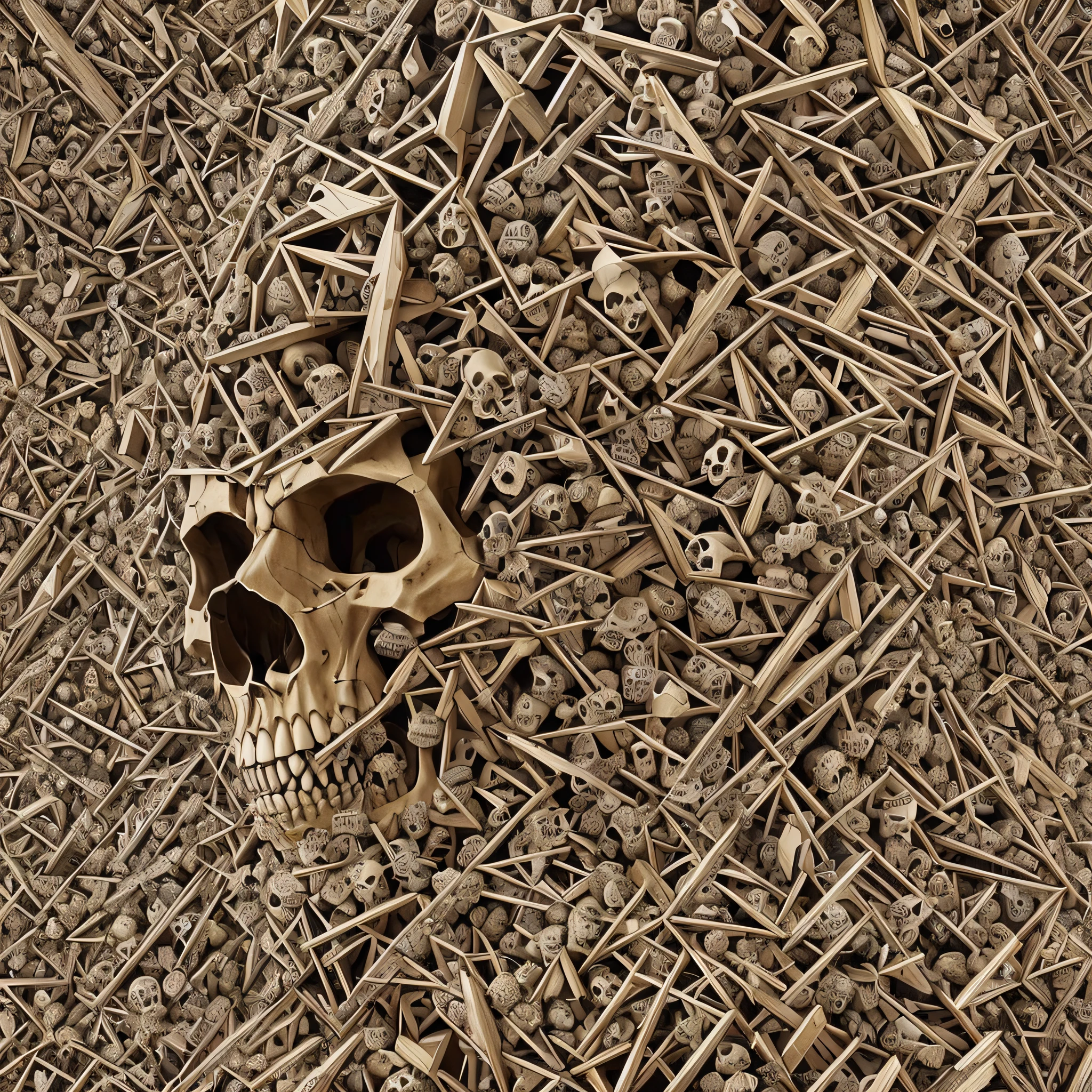 a lot of human skulls arranged in a pyramidal way, realistic, better quality, high quality, absurd, intricate detail