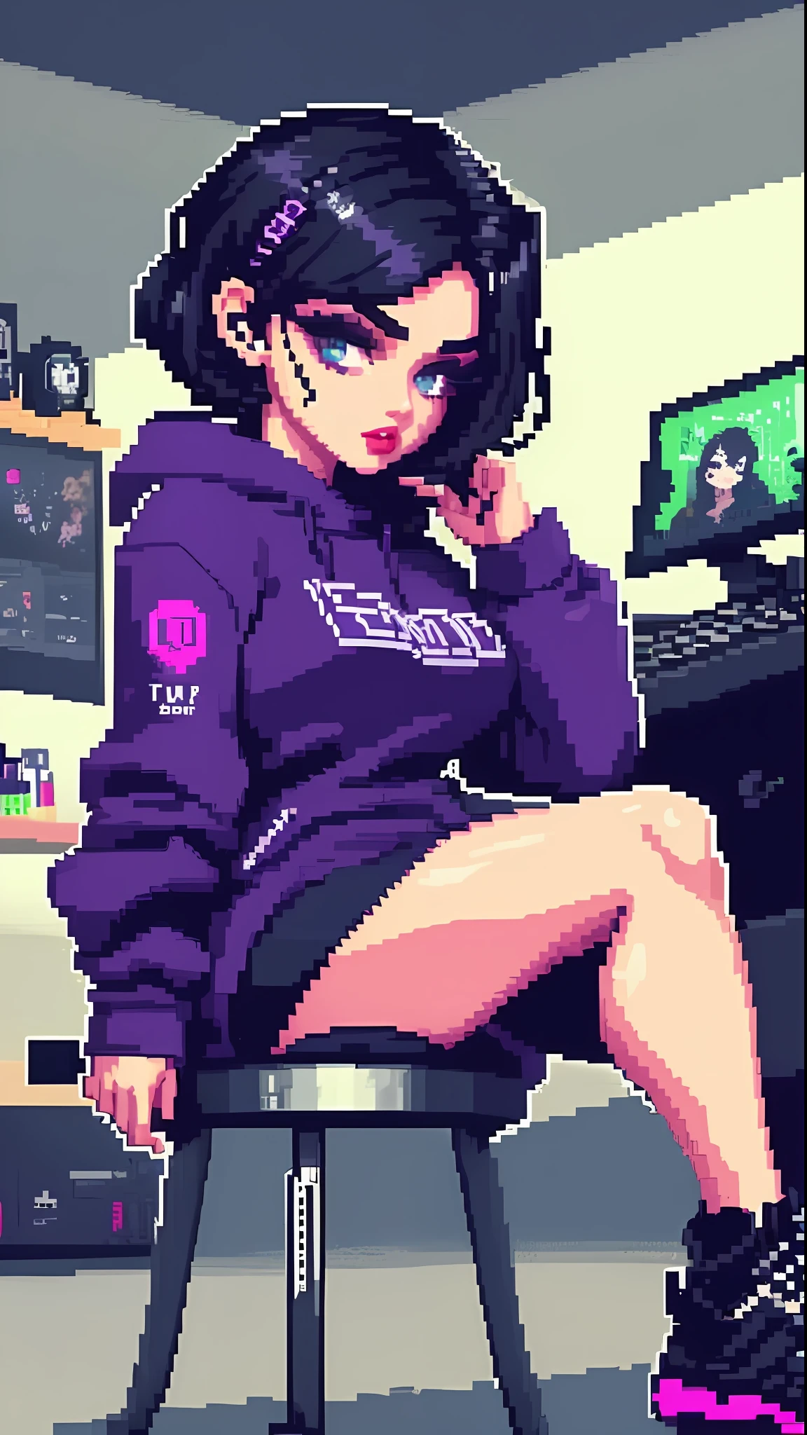 (pixelart: 1.2), beautiful goth women, sexy goth girl, wearing a headset, designer sweatshirt coat with logos, pants, short black hair with purple tips, bedroom, sitting in a gaming chair, pixel art