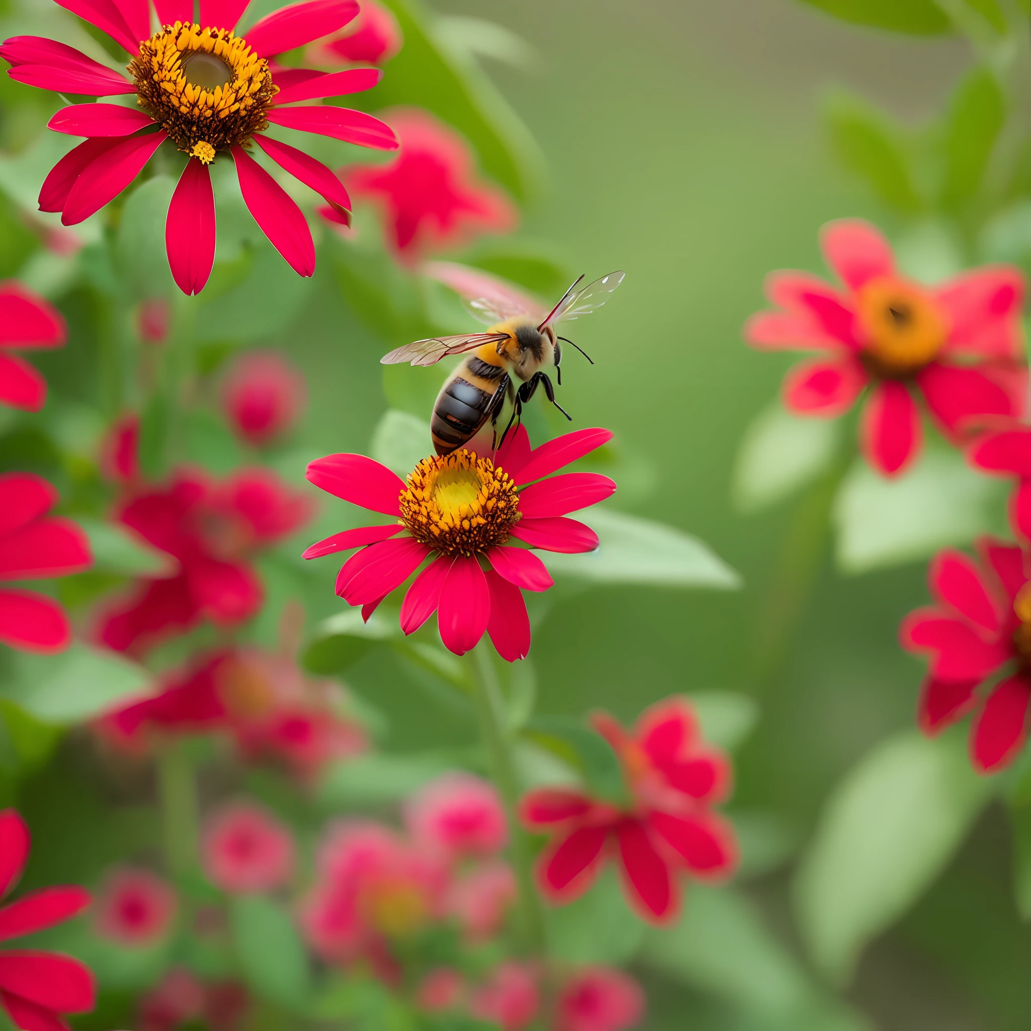 Red flower, bee, Photography, perfect picture, nature, blurred background, ((best quality, RAW)) --auto --s2