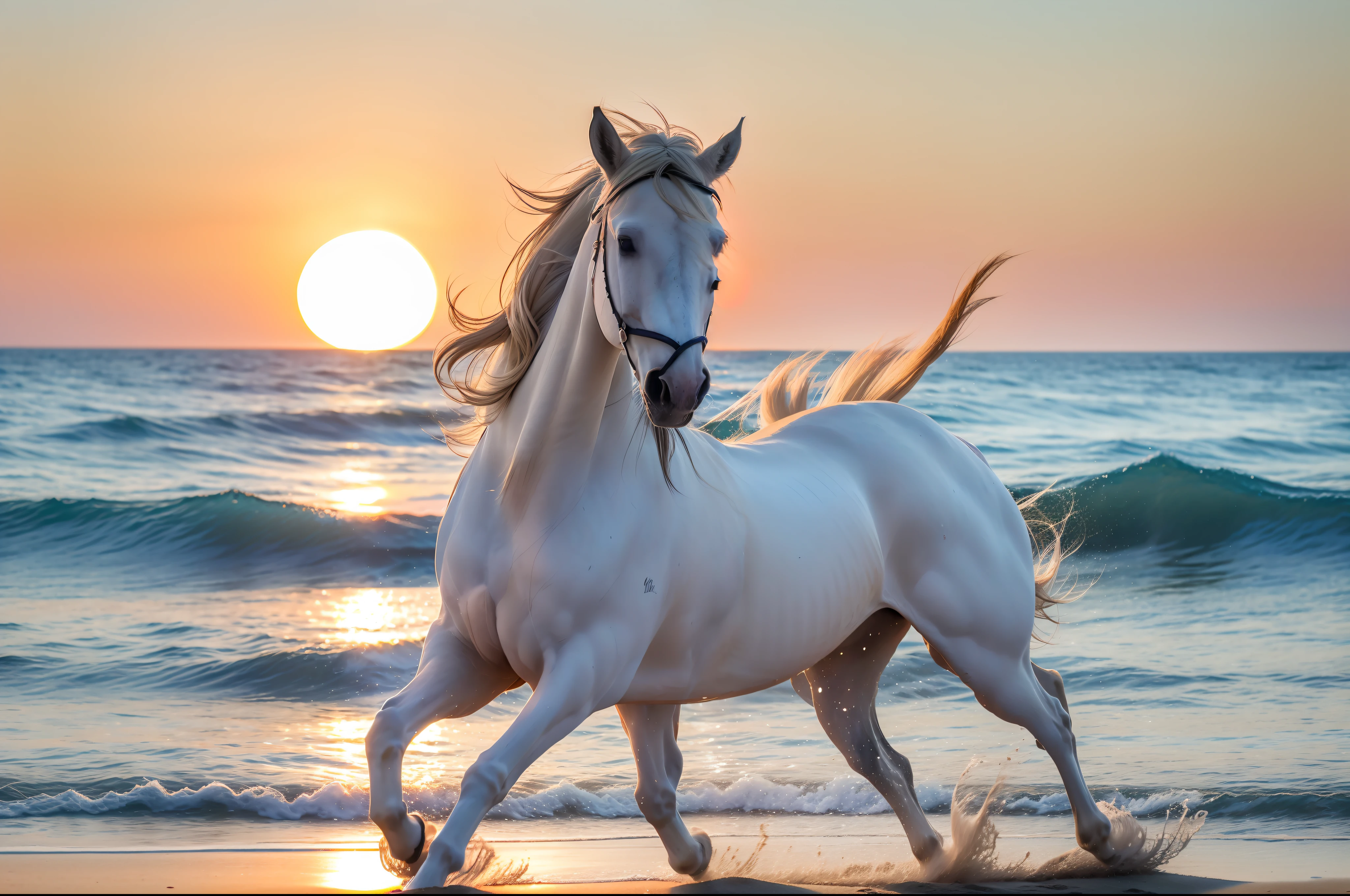 A white horse gallops on the beach in the setting sun, full limbs, long white mane, white tail