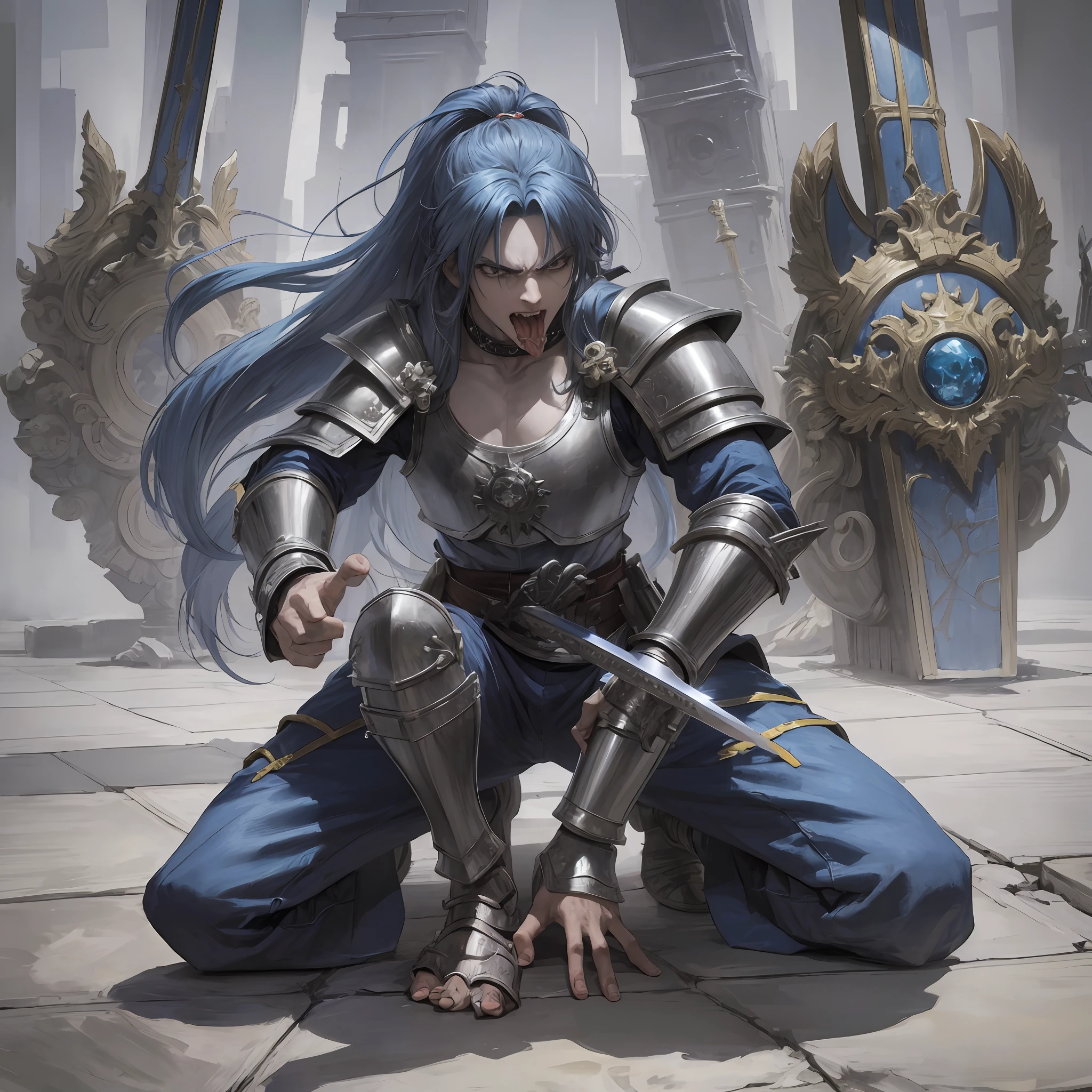 Anime, long blue hair, male, tongue out, kneeling, wearing a paw, gauntlet sword, insane, beggar, torn clothes, angry, furious, arms outstretched, holding a gauntlet sword paw, beggar, dangerous