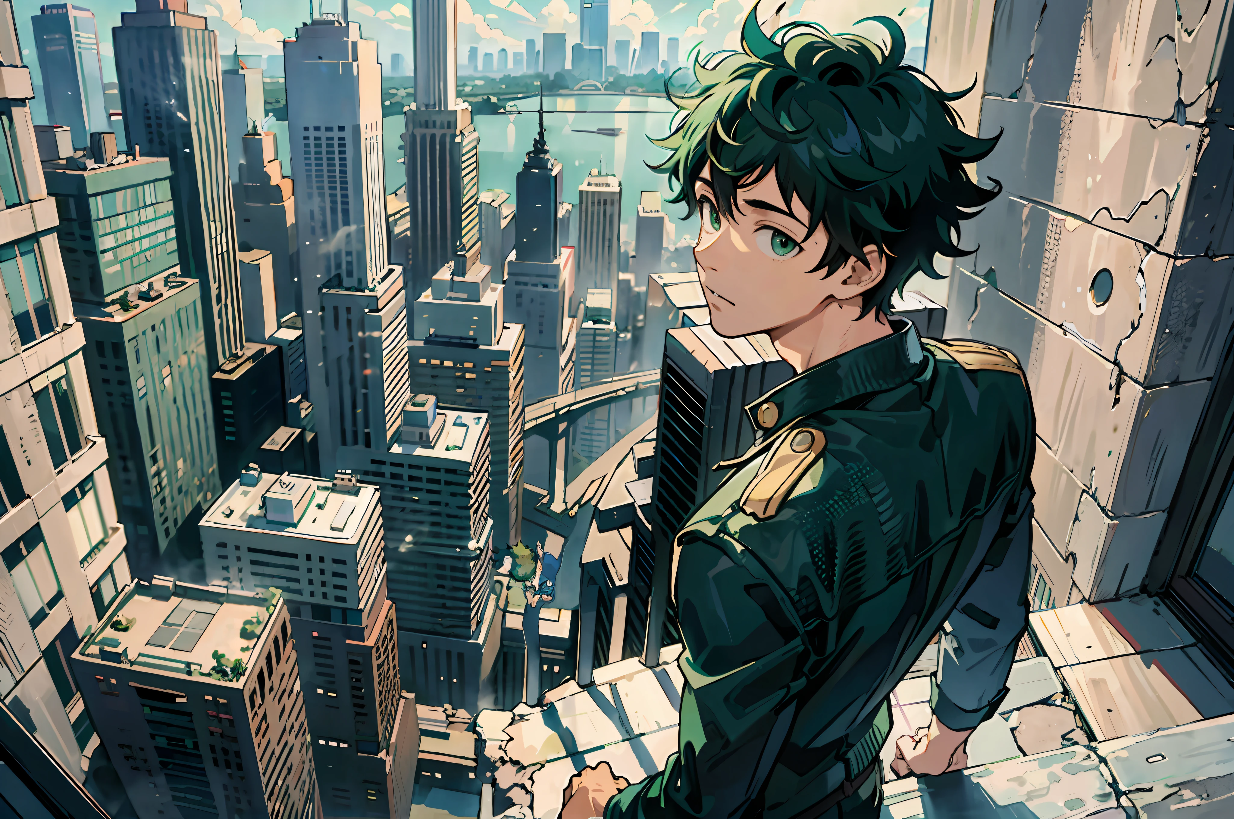 ((Masterpiece: 1.4, Best Quality)), ((Masterpiece, Best Quality)), Fisheye, One Young Man Standing, izuku midoriya,Towering Buildings from Stairs and Looking at the crumbling cityscape of the highway, (Overlook: 1.3), River, Waterfall, Valley, (Green Big Eyes and Short Hair), Blue Sky, Beholder Watching, Magnificent View, Lens Flare, Black Hero Suit, Cowboy Shot