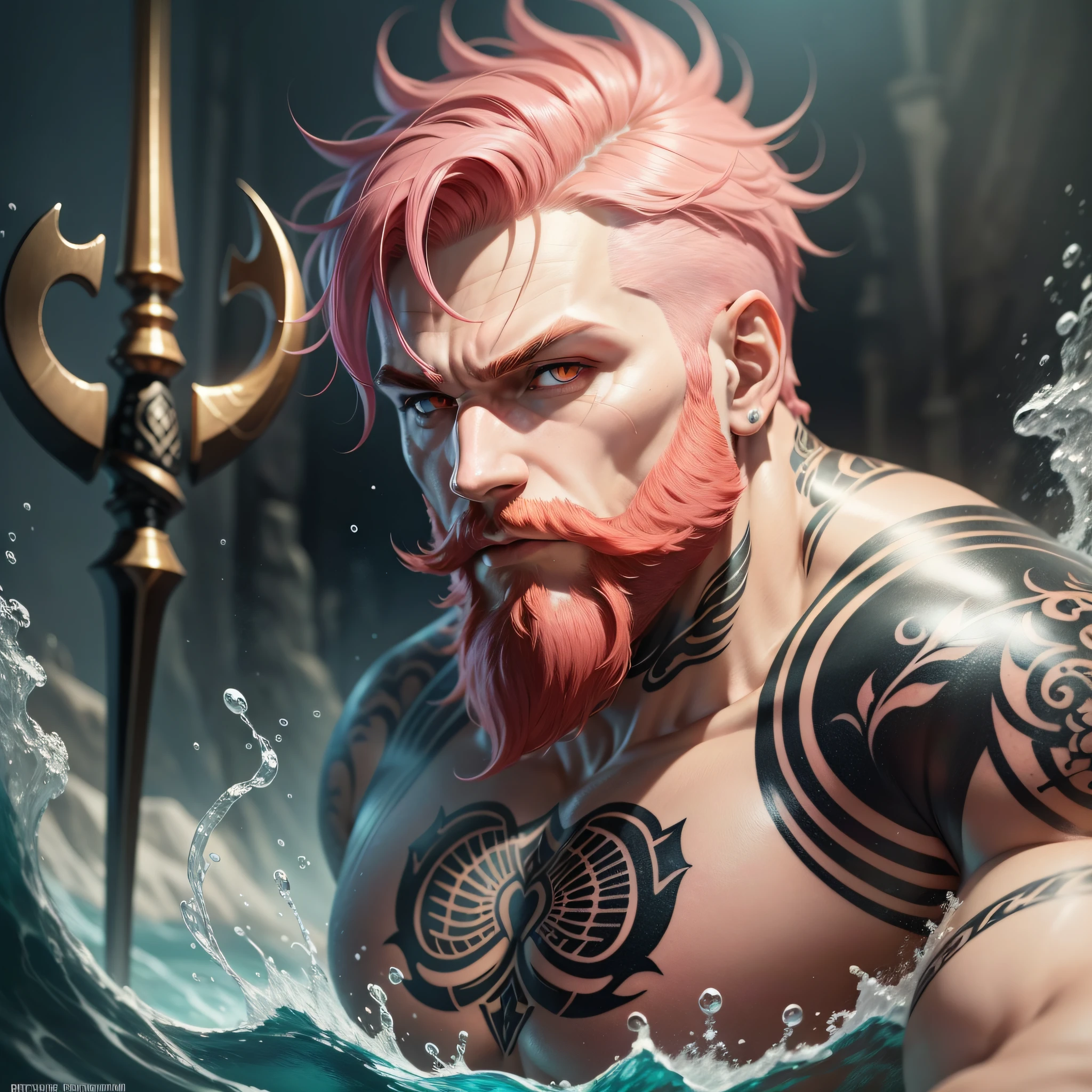 A strong man, short pink hair, short beard, has orange eyes, is underwater, has tattoos all in shades of black, has a golden trident, realistic drawing style, focus on the face