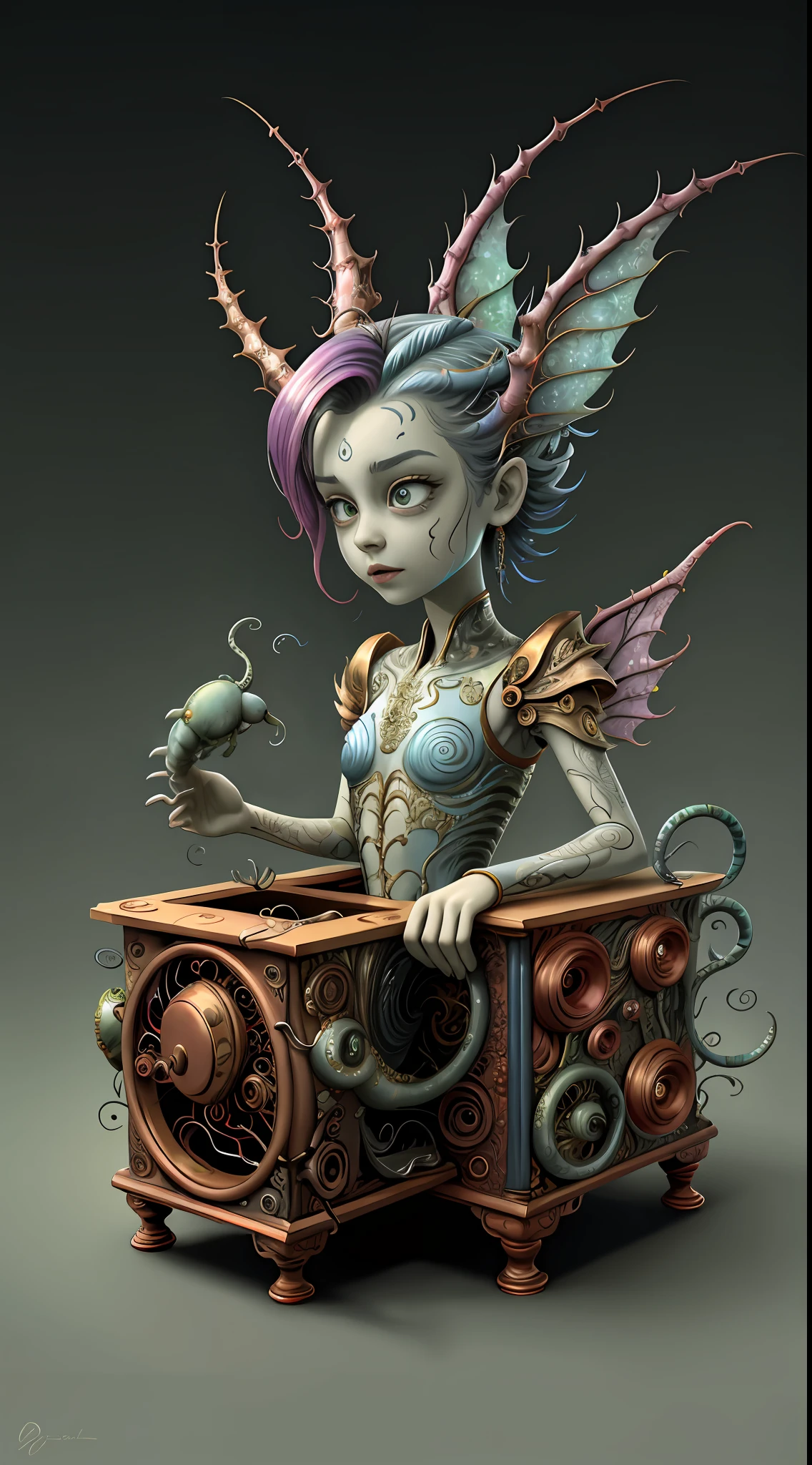 (best quality: 1.4), (masterpiece: 1.2), detailed, complex, high resolution, iridescent colors, A charming and fascinating creature with otherworldly forms that blend the best aspects of the monster human form and the innocent charm of a precocious child, scales, wings, blue, texture, complex, gorgeous, 3D, highly detailed, decorative style, Tim Burton, Dale Chihuly, Bruce Zheng, Cyril Rolando, H. R. Giger $plastic$ Grid: Real Lenoid afremov style, wet, fire