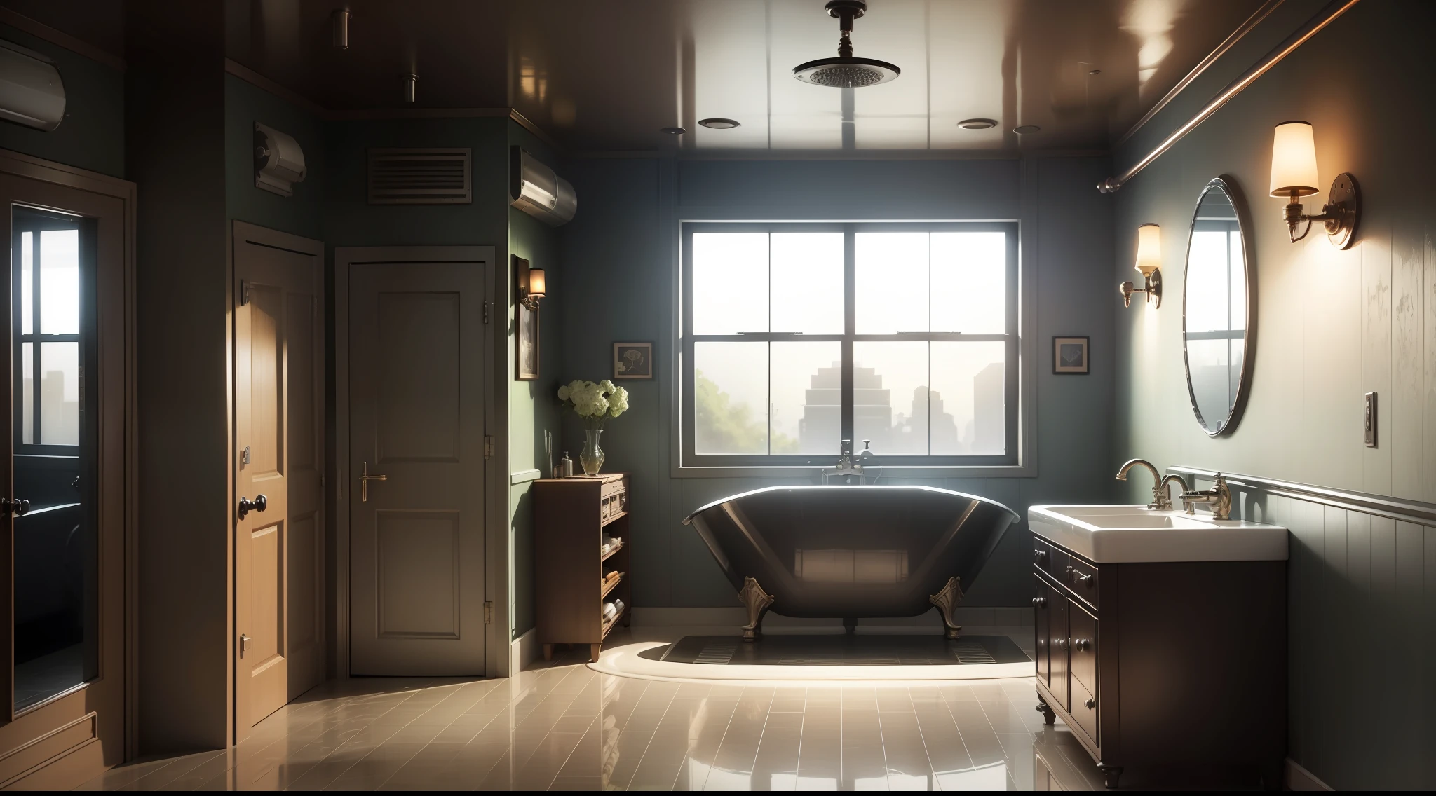 there is a bathroom with a glass shower and a sink, dieselpunk apartment, dieselpunk IKEA, dieselpunk. Game CG, the dieselpunk apartment, in a dieselpunk themed room, dieselpunk room, dieselpunk decoration, dieselpunk bedroom background, cgsociety 9, dieselpunk children's room, retro dieselpunk apartment, dieselpunk interior, dieselpunk environment, bathroom for games, dieselpunk style, hyperrealistic design and dieselpunk