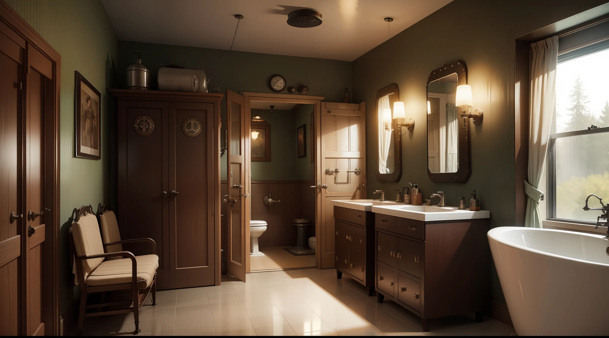 there is a bathroom with a glass shower and a sink, dieselpunk apartment, dieselpunk IKEA, dieselpunk. Game CG, the dieselpunk apartment, in a dieselpunk themed room, dieselpunk room, dieselpunk decoration, dieselpunk bedroom background, cgsociety 9, dieselpunk children's room, retro dieselpunk apartment, dieselpunk interior, dieselpunk environment, bathroom for games, dieselpunk style, hyperrealistic design and dieselpunk
