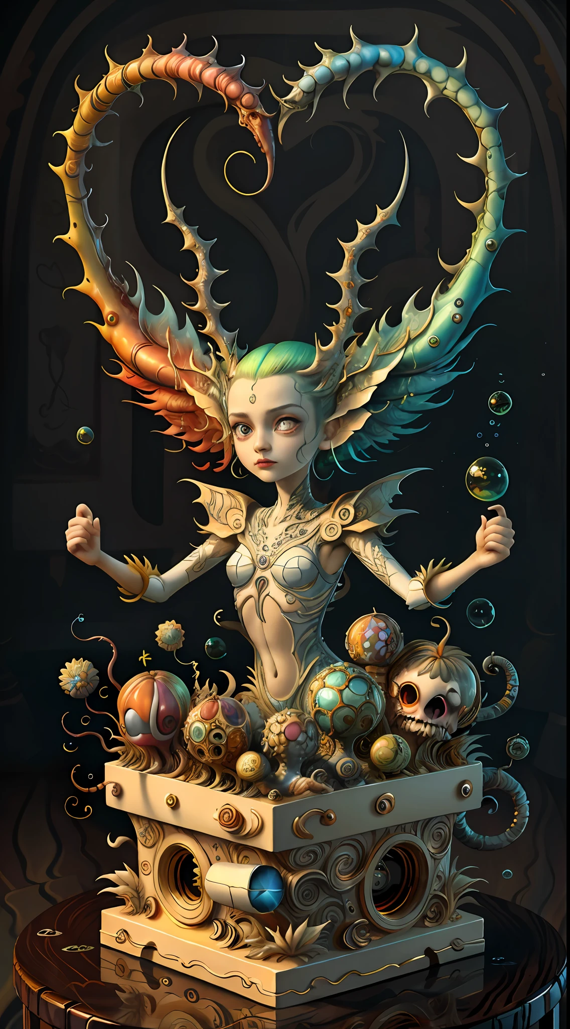 (best quality: 1.4), (masterpiece: 1.2), detailed, complex, high resolution, iridescent colors, A charming and fascinating creature with otherworldly forms that blend the best aspects of the monster human form and the innocent charm of a precocious child, scales, wings, blue, texture, complex, gorgeous, 3D, highly detailed, decorative style, Tim Burton, Dale Chihuly, Bruce Zheng, Cyril Rolando, H. R. Giger $plastic$ Grid: Real Lenoid afremov style, wet, fire