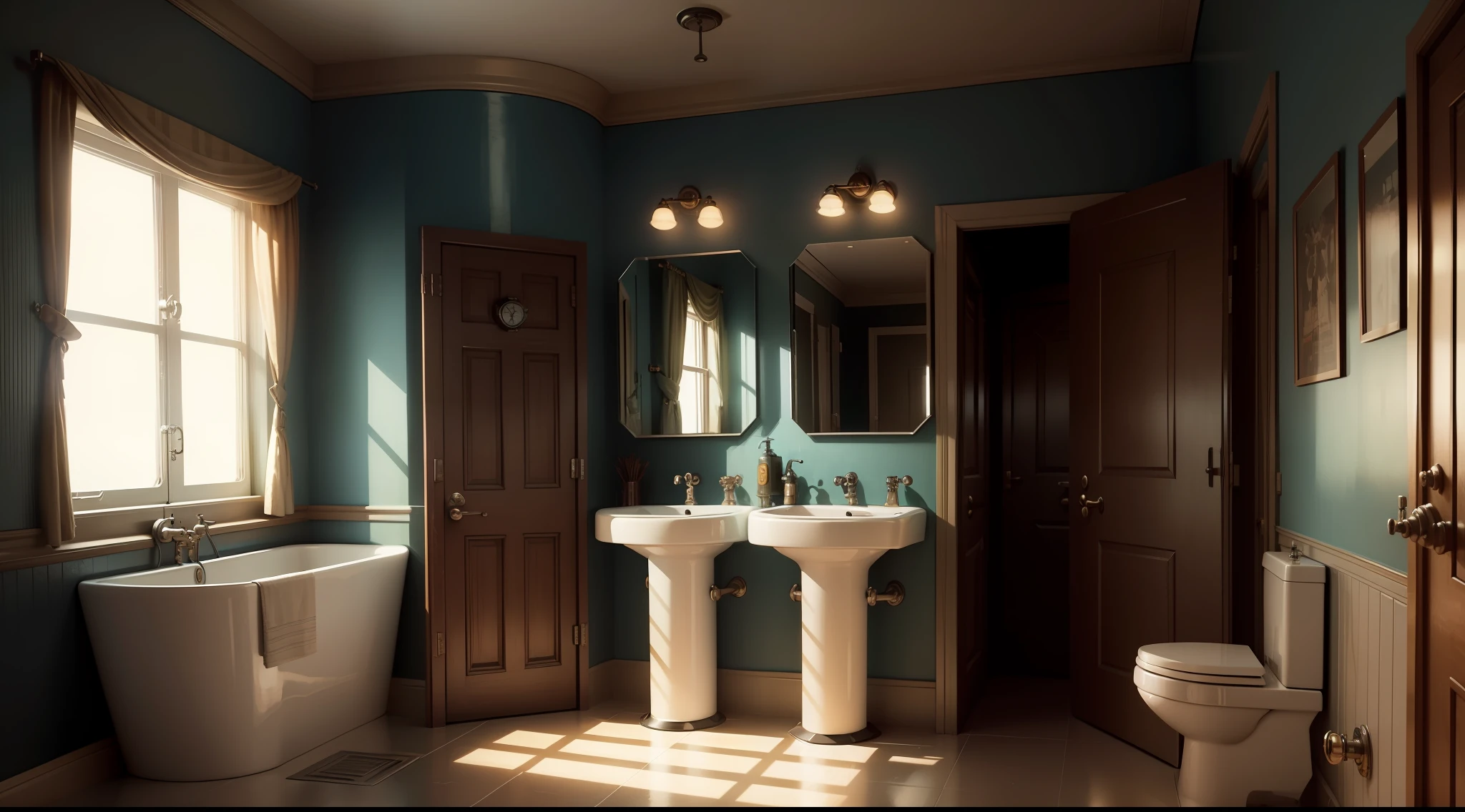 there is a bathroom with a glass shower and a sink, dieselpunk apartment, dieselpunk IKEA, dieselpunk. Game CG, the dieselpunk apartment, in a dieselpunk themed room, dieselpunk room, dieselpunk decoration, dieselpunk bedroom background, cgsociety 9, dieselpunk children's room, retro dieselpunk apartment, dieselpunk interior, dieselpunk environment, bathroom for games, dieselpunk style, hyperrealistic design and dieselpunk
