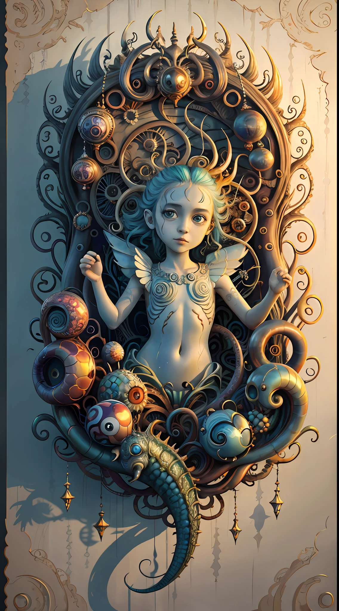 (best quality: 1.4), (masterpiece: 1.2), detailed, complex, high resolution, iridescent colors, A charming and fascinating creature with otherworldly forms that blend the best aspects of the monster human form and the innocent charm of a precocious , scales, wings, blue, texture, complex, gorgeous, 3D, highly detailed, decorative style, Tim Burton, Dale Chihuly, Bruce Zheng, Cyril Rolando, H. R. Giger $plastic$ Grid: Real Lenoid afremov style, wet, fire