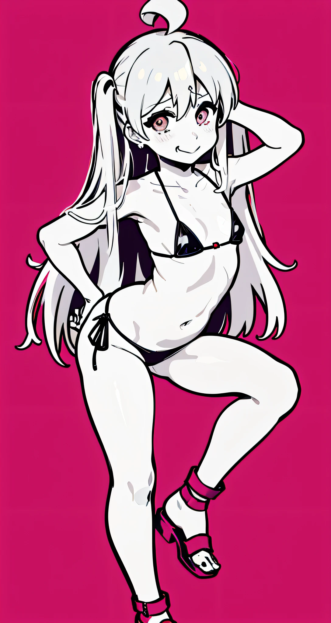 Monochrome, dark red background, a girl, navel exposed outfit, micro bikini, hippie style, rock, stop, sexy pose, bow, winner's gesture, sexy look, exposed skin, cup chest c, golden eyes, blushing, tongue out, full body, hands behind head, tongue out, (from front: 1.3),