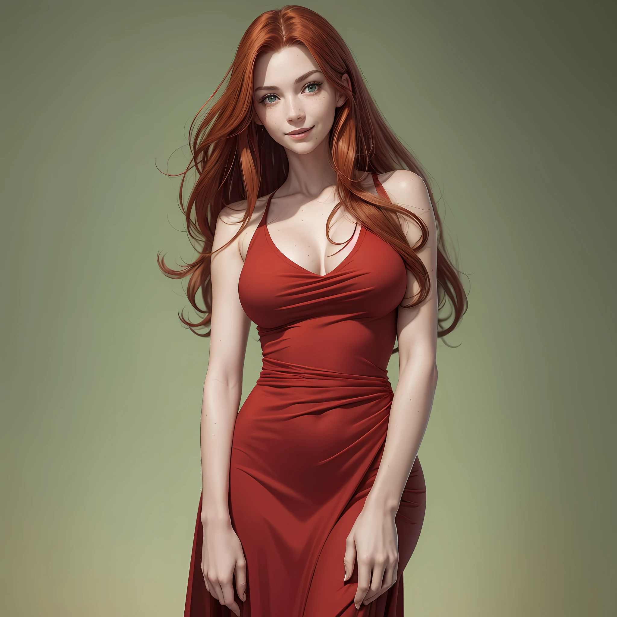Realistic drawing style image of woman with red, straight and large hair. Green eyes, fair skin with freckles, rectangular face, smiling, thin waist, large breasts, wearing a red heartthrob dress and full body. --auto --s2