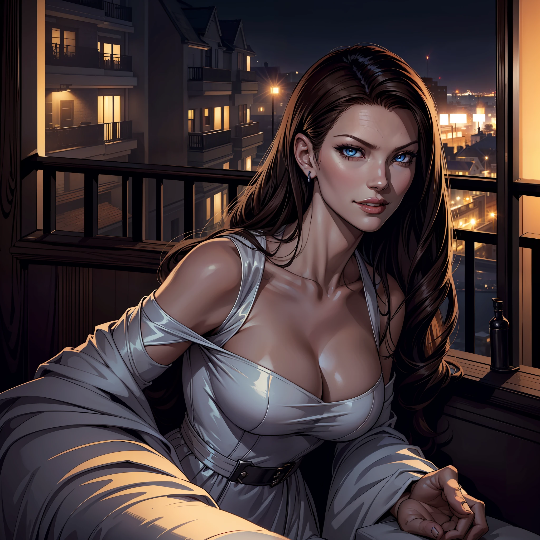(extremely detailed 8k wallpaper), dark theme, Vampire the Masquerade, modern horror, 2020s, very beautiful woman, wearing expensive clothes of medical company president, sharp focus, (subsurface scattering:1.1), award-winning photography, centered face, ((Catherine Zeta-Jones face)), half-body photo:1.1, long light brown hair, blue eyes:1.2, big smile, on the balcony of a luxury apartment overlooking the beach at night, dramatic lighting