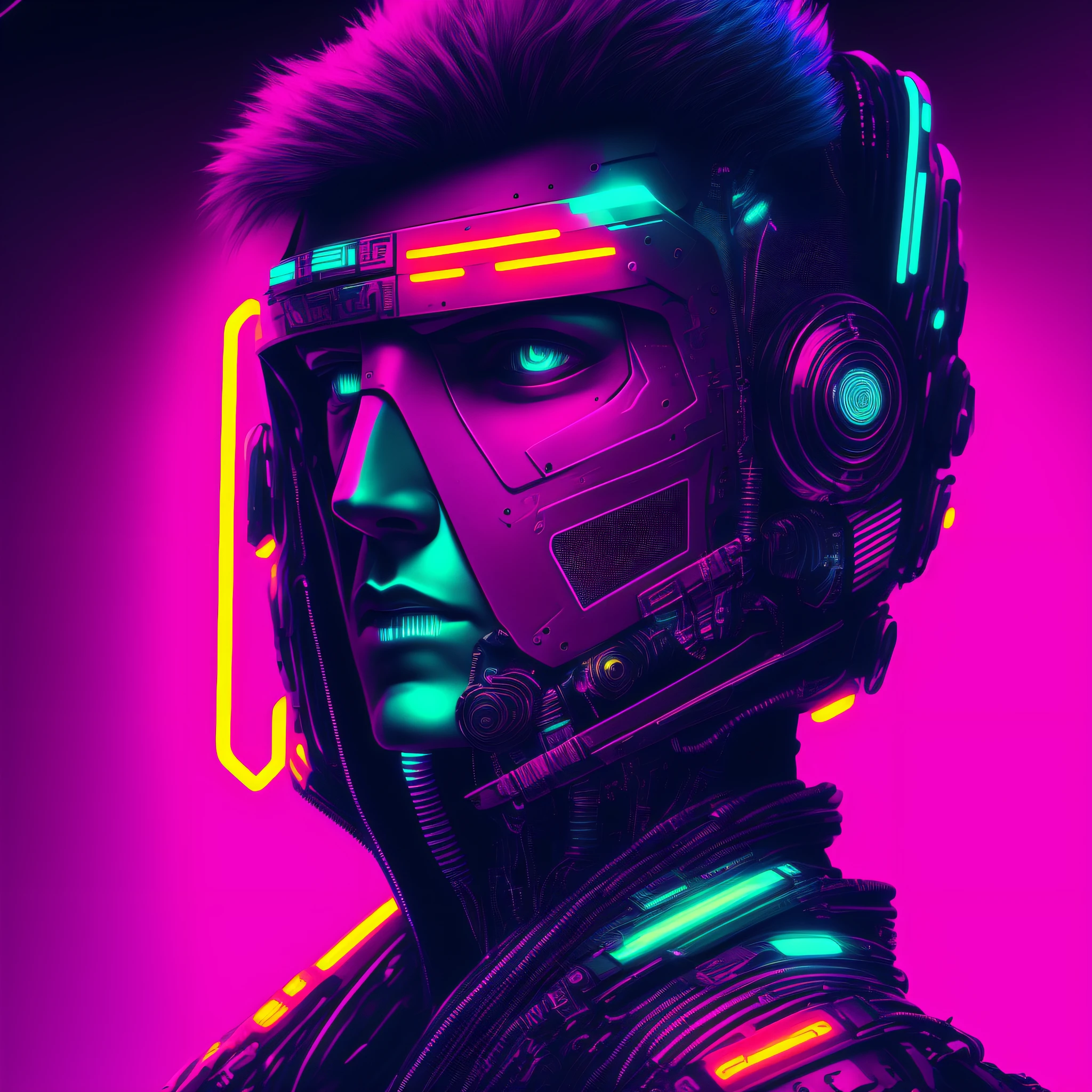 Man, cyberpunk style portrait, futuristic (neon: 1.1) reflective wear, science fiction. artgern, art, illustration, ((dark environment)), ((vegnette)), ((HDR)) ((minimal palette colors)), soft tones, soft colors, faint colors, calm, highly detailed pastel colors, intricate details