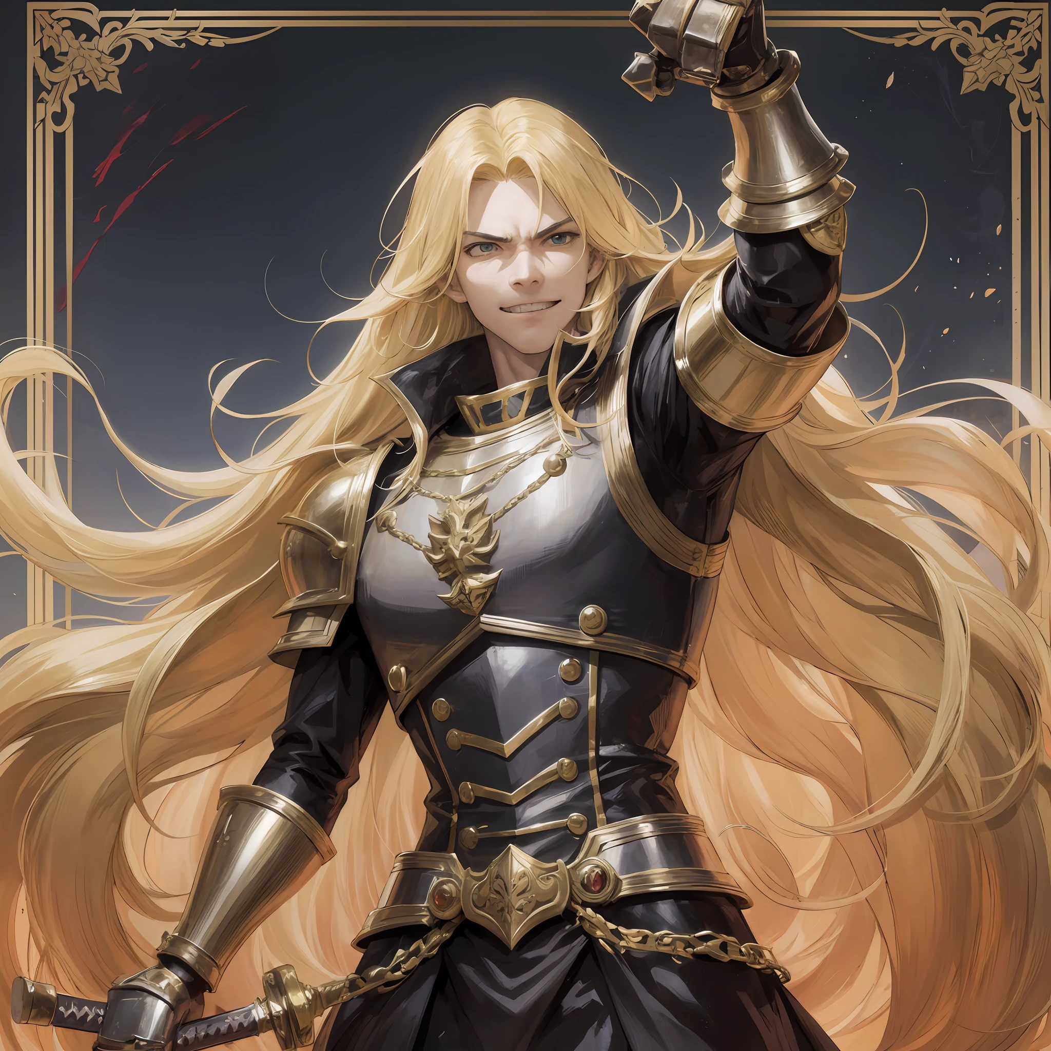 Anime, long blonde hair, male, sarcastic smile, pointing, wearing a paw, gauntlet sword, black clothes, royalty, angry, furious, arms outstretched, holding a gauntlet sword paw