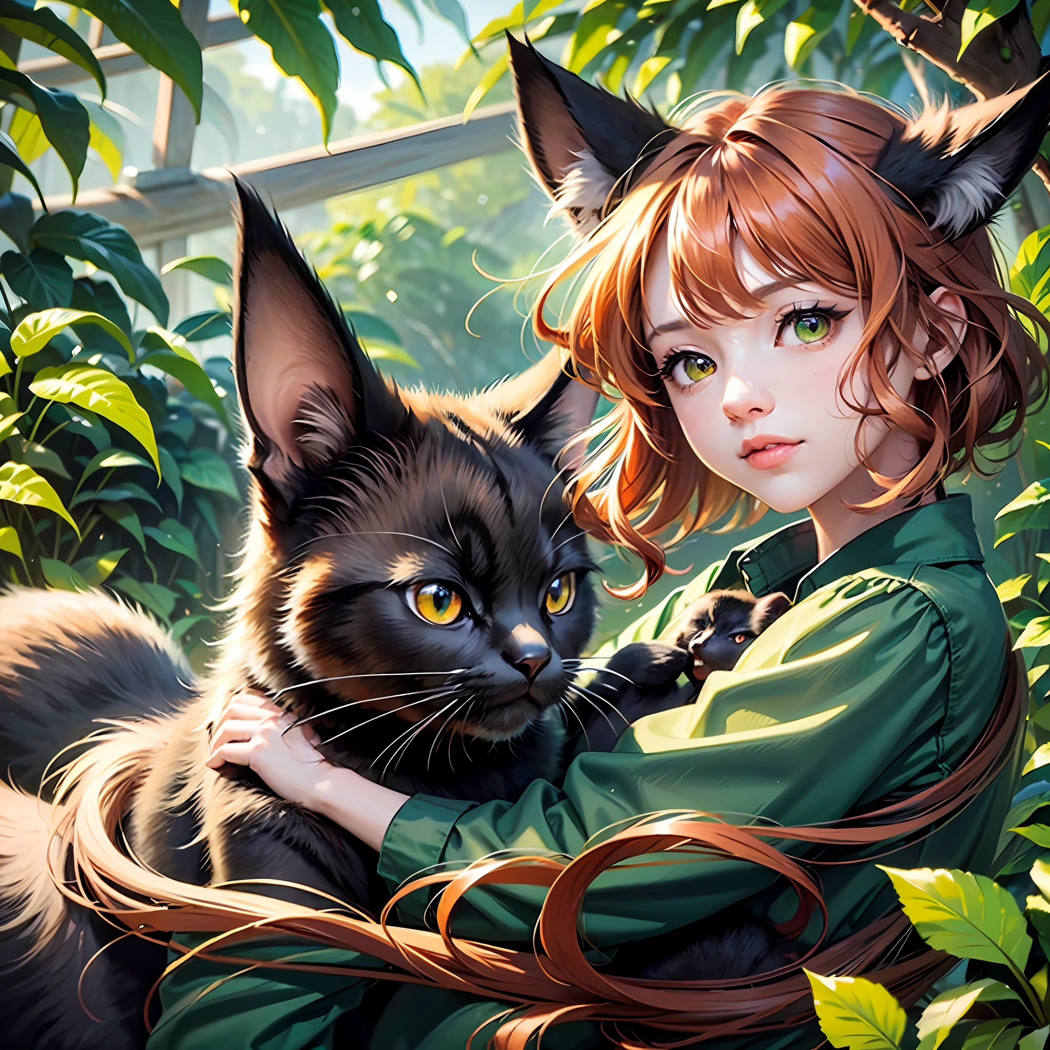 (2cats:1.3), (2animals:1.3), ((black cat with brown eyes)), ((ginger cat with green eyes)), (hugging:1.2), wonderful atmosphere, cute vibe, magic dust