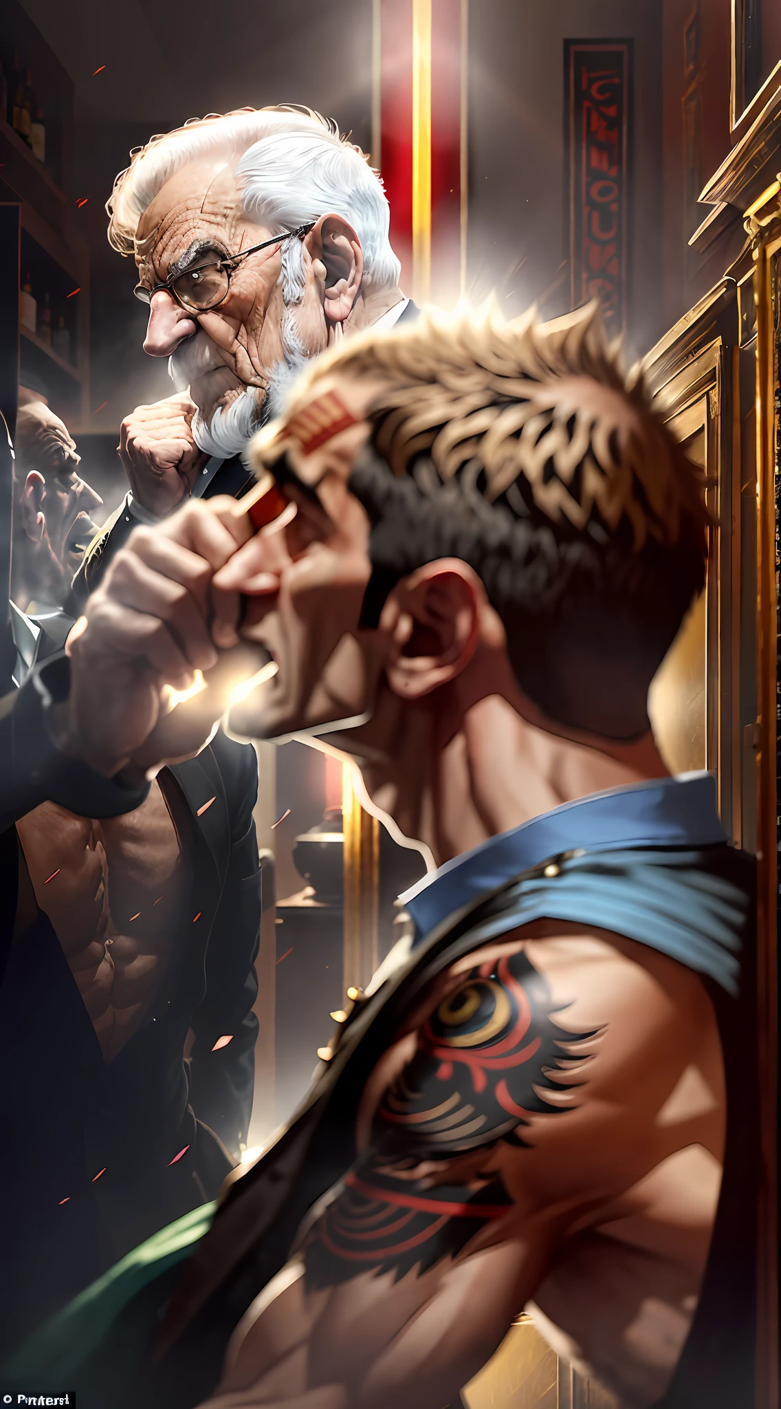 history!] The argument got more and more heated until the two brothers started cursing and pushing each other. The salon's customers were startled and started running out, afraid to get involved in the fight. It was then that one of the clients, a wise and elderly man, decided to intervene. He called the brothers